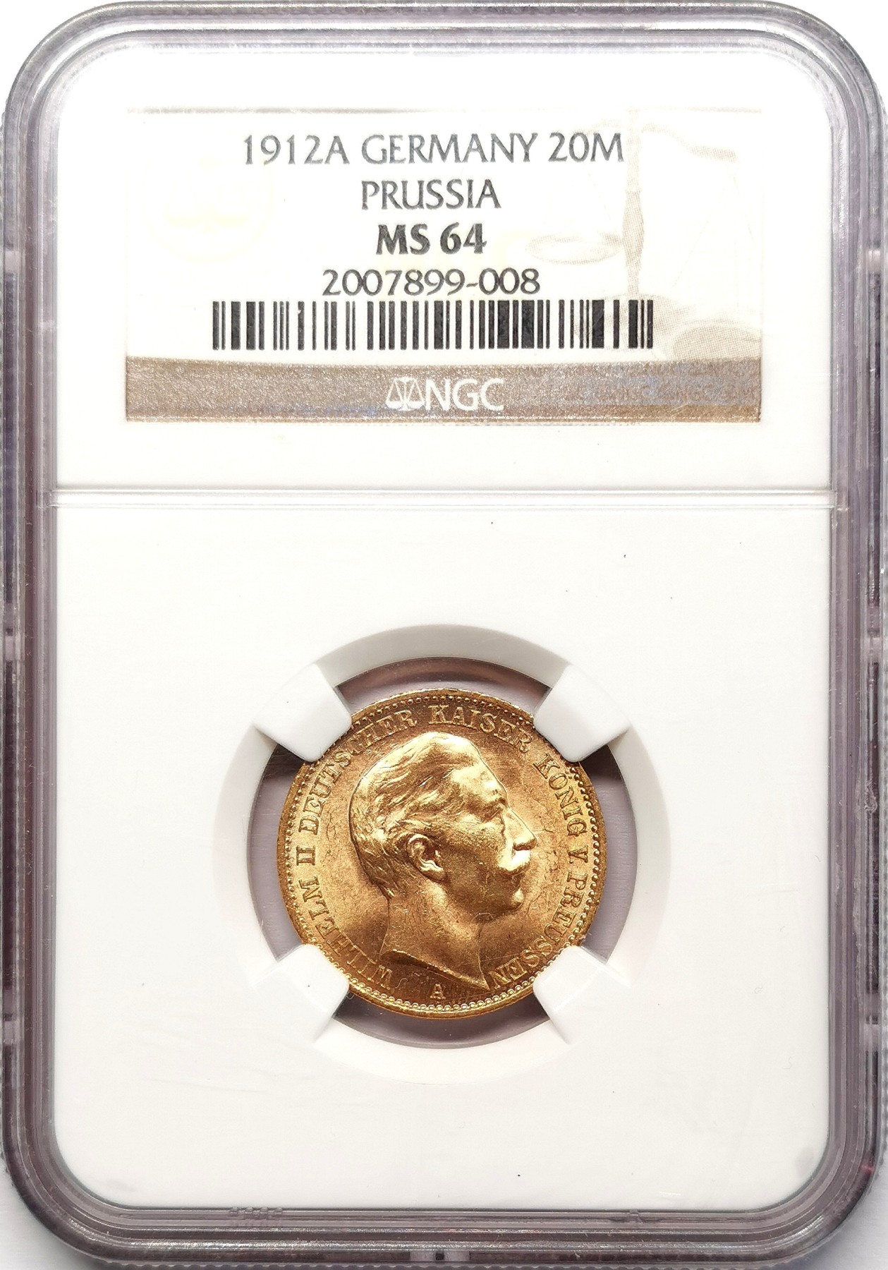 凡希社世界钱币微拍第二百五十八期 1912普鲁士威廉二世20马克金币NGC-MS64 7.965g，900金