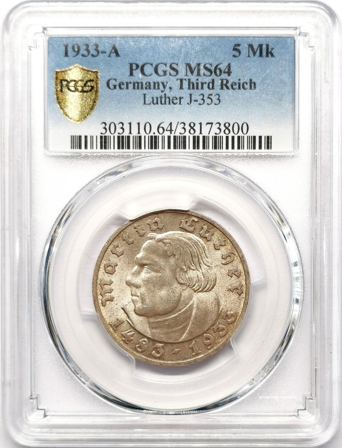 凡希社世界钱币微拍第二百五十八期 1933A德国路德5马克银币PCGS-MS64