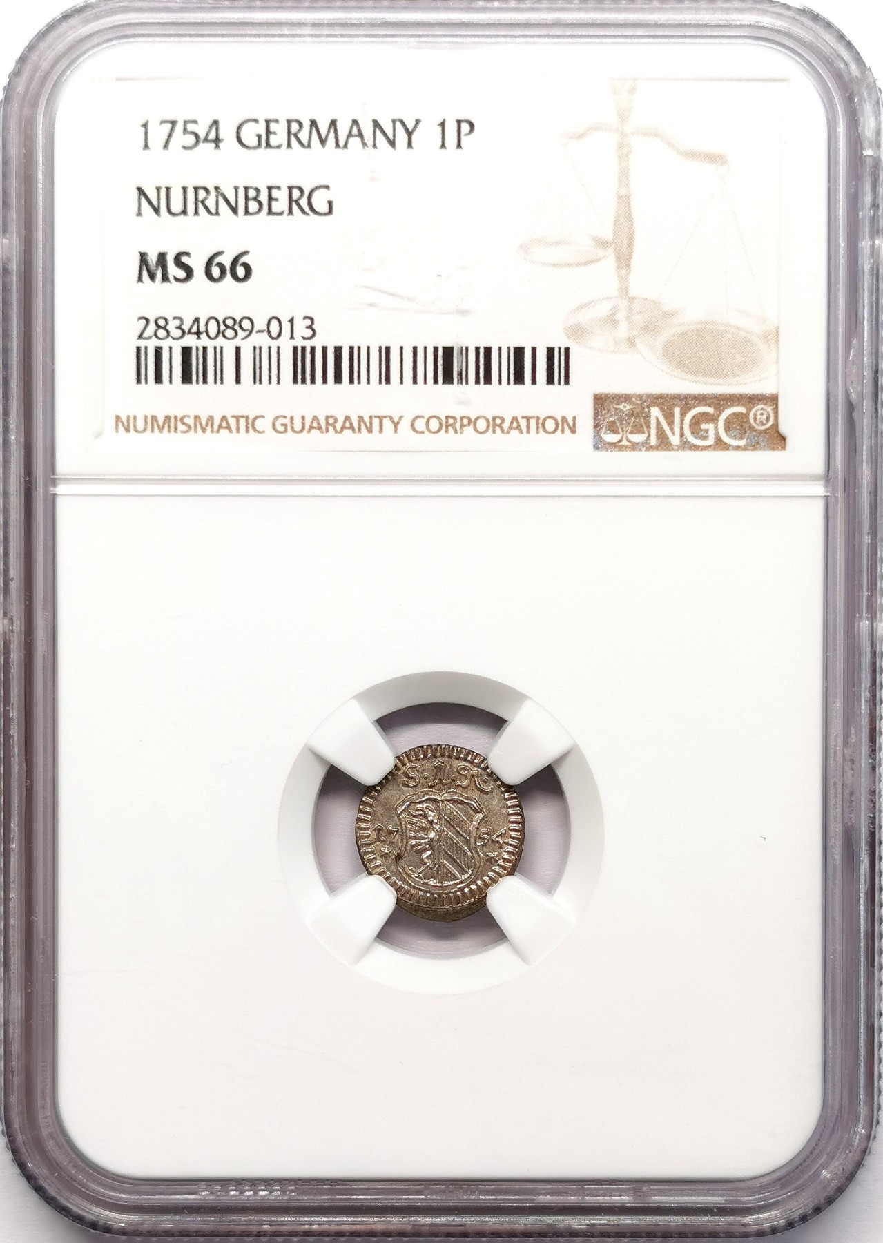 凡希社世界钱币微拍第二百五十八期 1754纽伦堡芬尼单面银币NGC-MS66