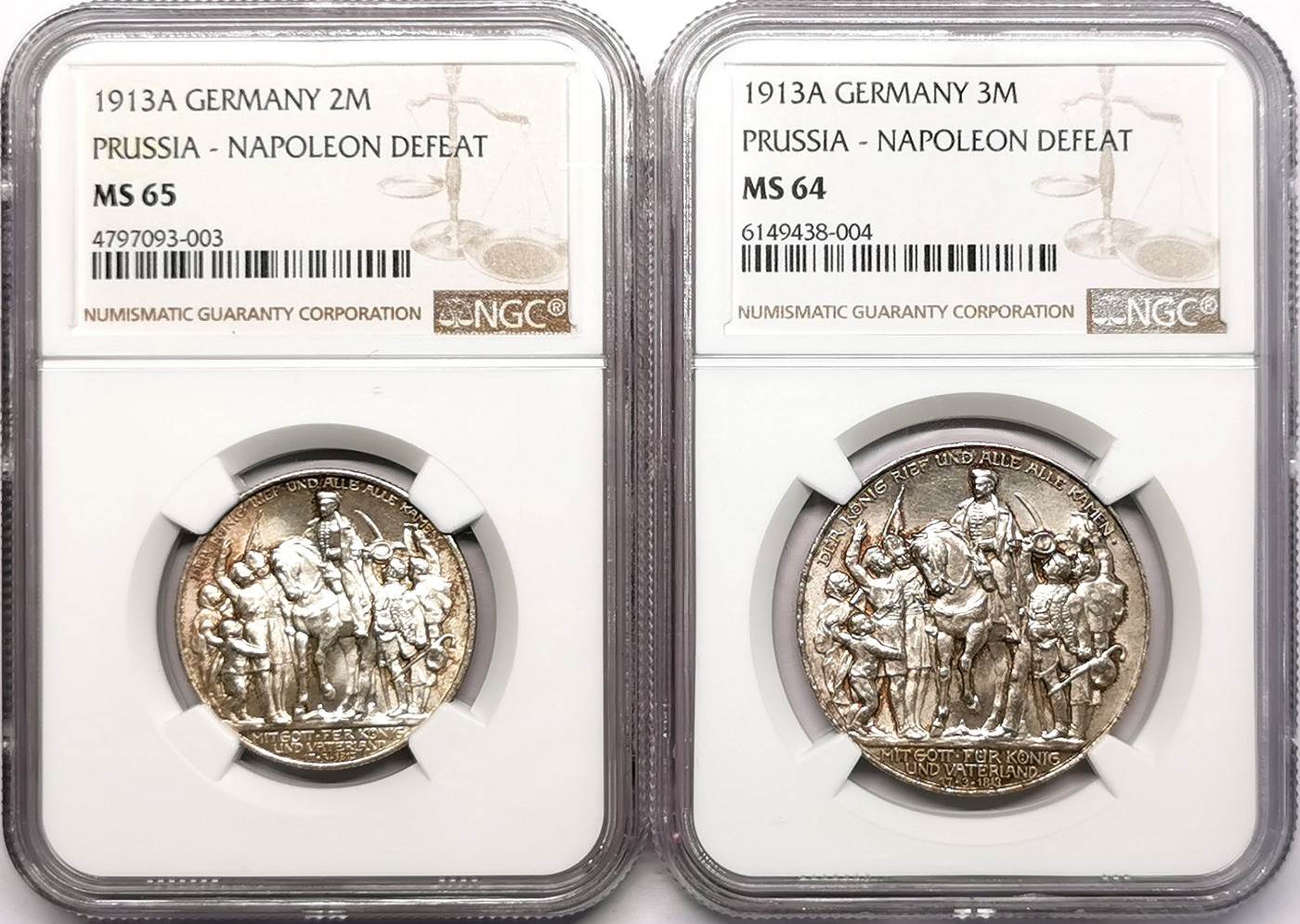 凡希社世界钱币微拍第二百五十八期 1913普鲁士击败拿破仑2/3马克银币两枚NGC-MS65/64高分！