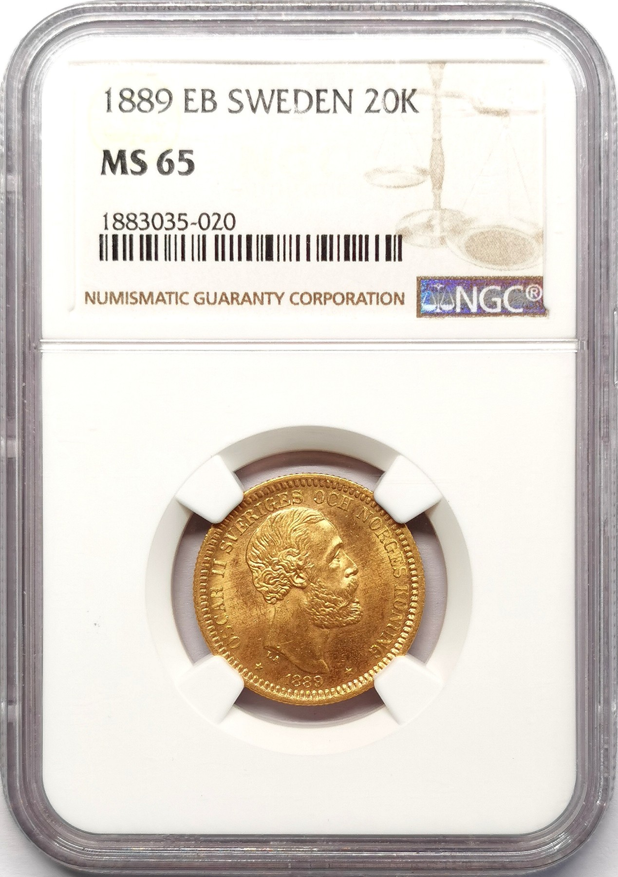 凡希社世界钱币微拍第二百五十八期 1889EB瑞典奥斯卡二世20克朗金币NGC-MS65收藏级！ 8.960g，900金