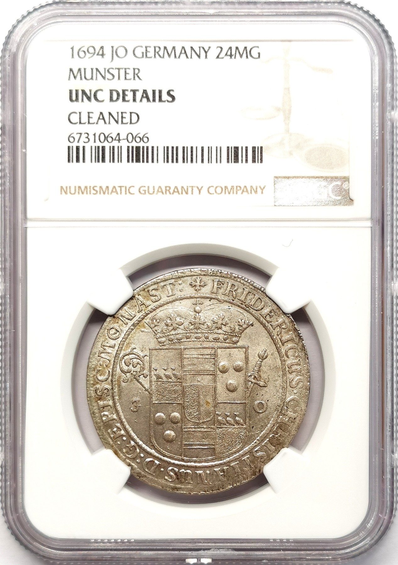 凡希社世界钱币微拍第二百五十八期 1694明斯特教区纹章24MG（2/3泰勒）银币NGC-UNCD