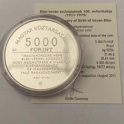 康怡轩钱币【图瓦卢+匈牙利+加拿大+白俄罗斯 纪念币专场】第251006期  2011年匈牙利政治学家法学家伊斯特万·毕波诞辰1百周年精制纪念 裸币+证书