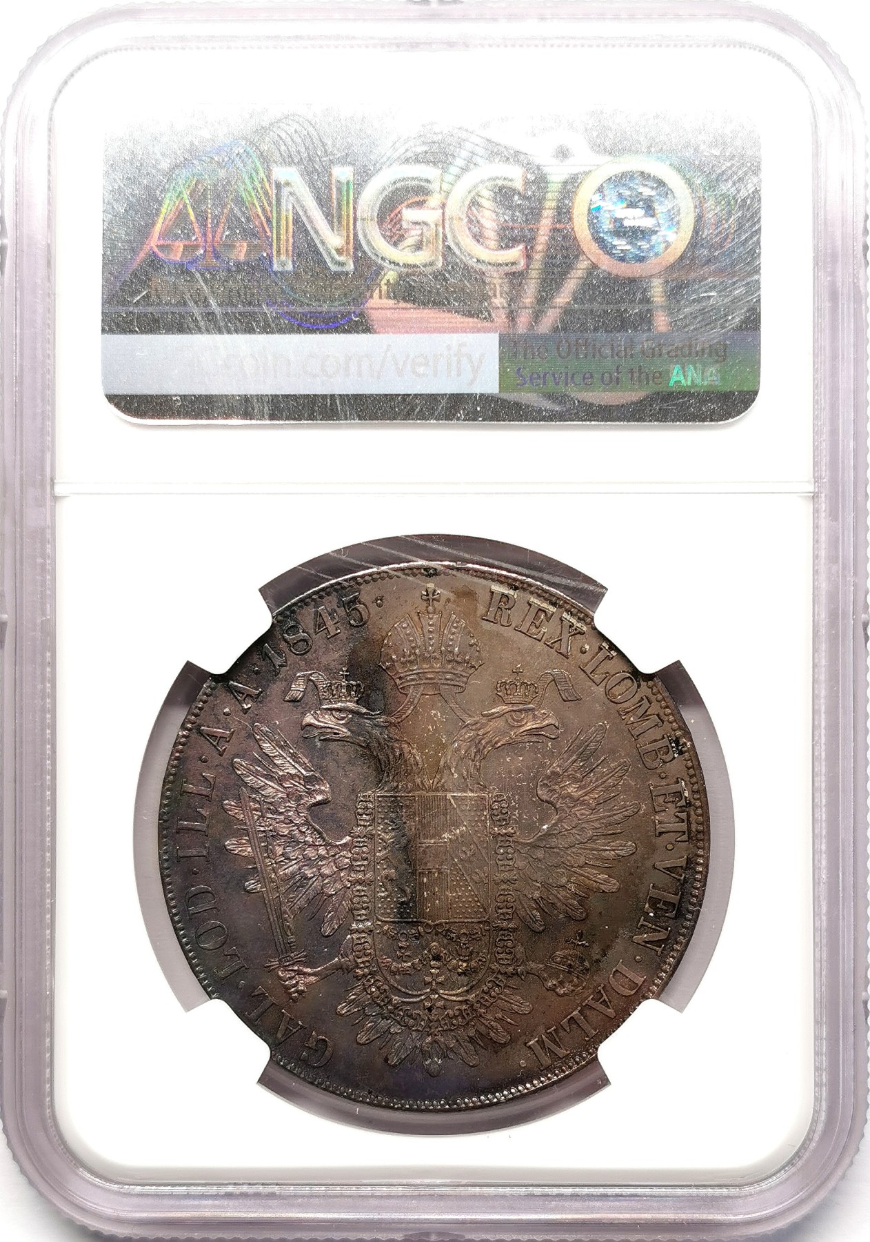 凡希社世界钱币微拍第二百五十八期 1845奥地利帝国斐迪南一世泰勒大银NGC-UNCD，细节极其锐利，可能由于保存不当造成表面氧化不均匀。