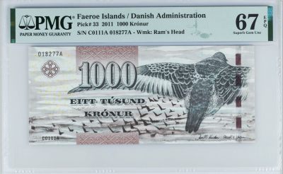 《张总收藏》134期-外币精品畅拍 - 法罗群岛2011年1000克朗罕见首发C0111A冠PMG67E高分无4 经典大鹏展翅，雕刻版最高值