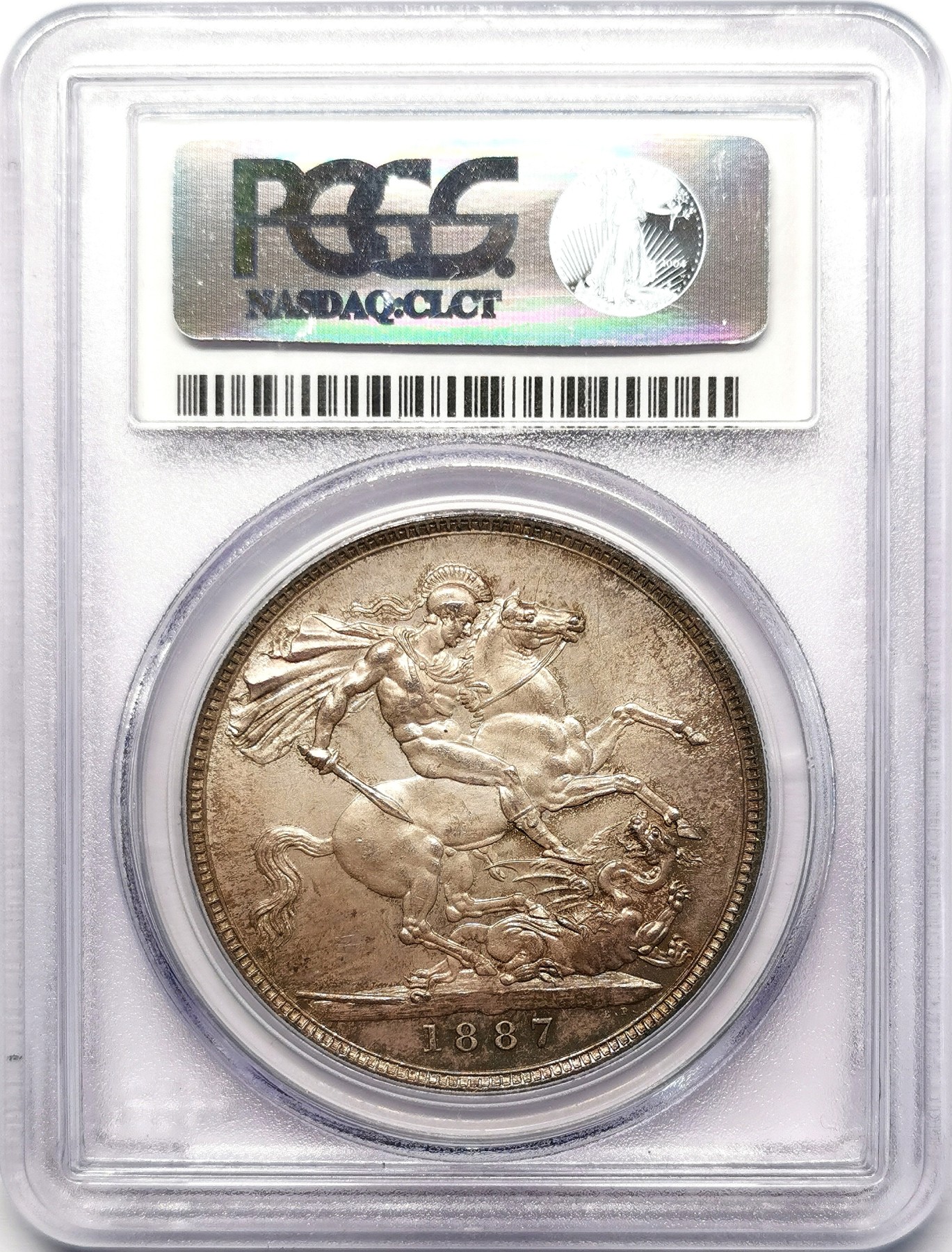 凡希社世界钱币微拍第二百五十八期 1887英国老维高冠马剑大银PCGS-MS63，五彩瑰丽，极其养眼的一枚！