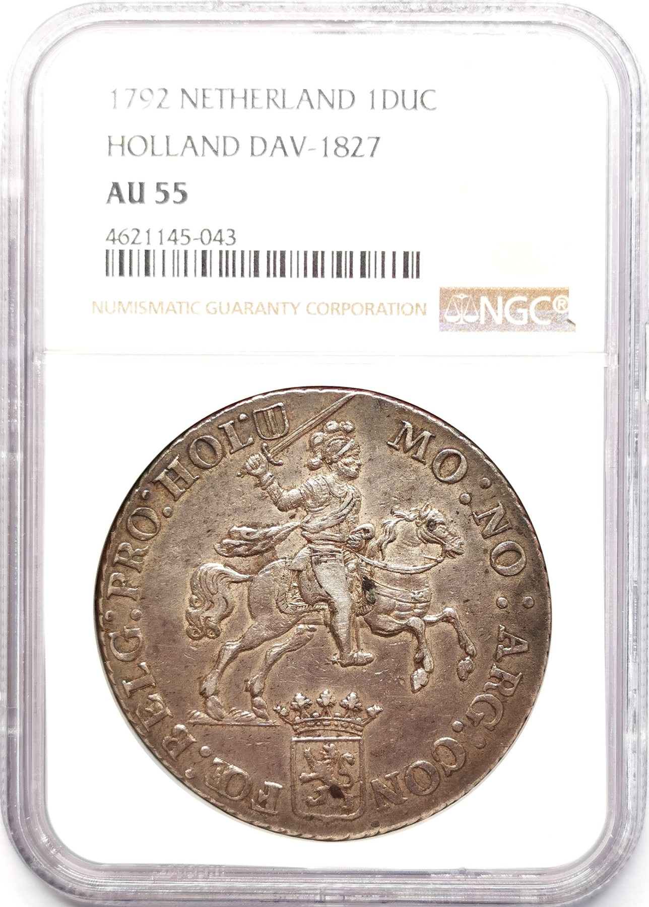 凡希社世界钱币微拍第二百五十八期 1792荷兰马剑杜卡特大银NGC-AU55，黄光淡彩，包浆醇美相当养眼的一枚！