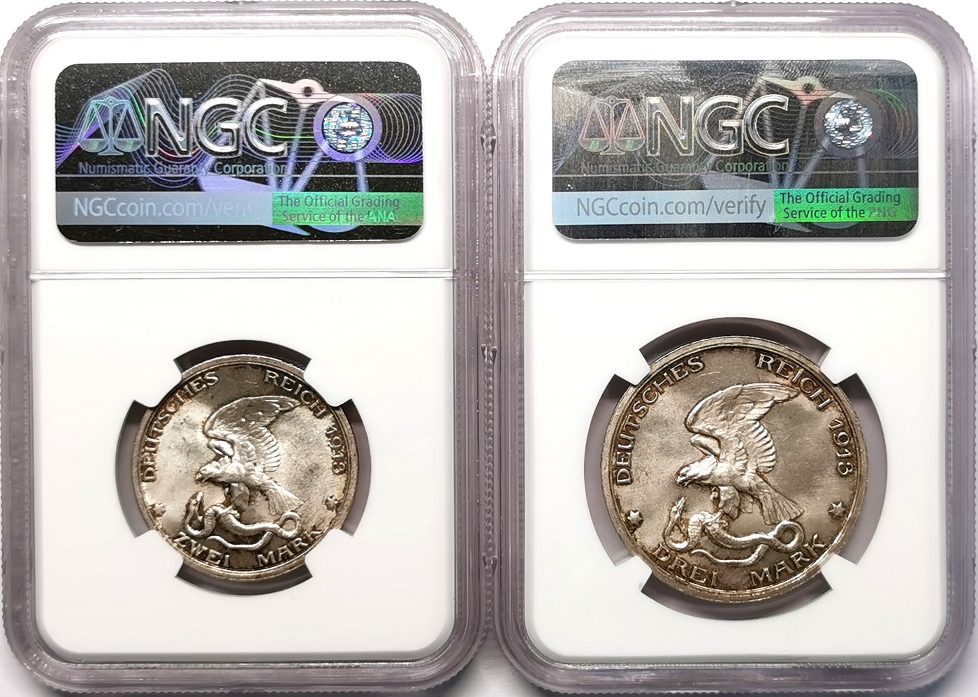 凡希社世界钱币微拍第二百五十八期 1913普鲁士击败拿破仑2/3马克银币两枚NGC-MS65/64高分！