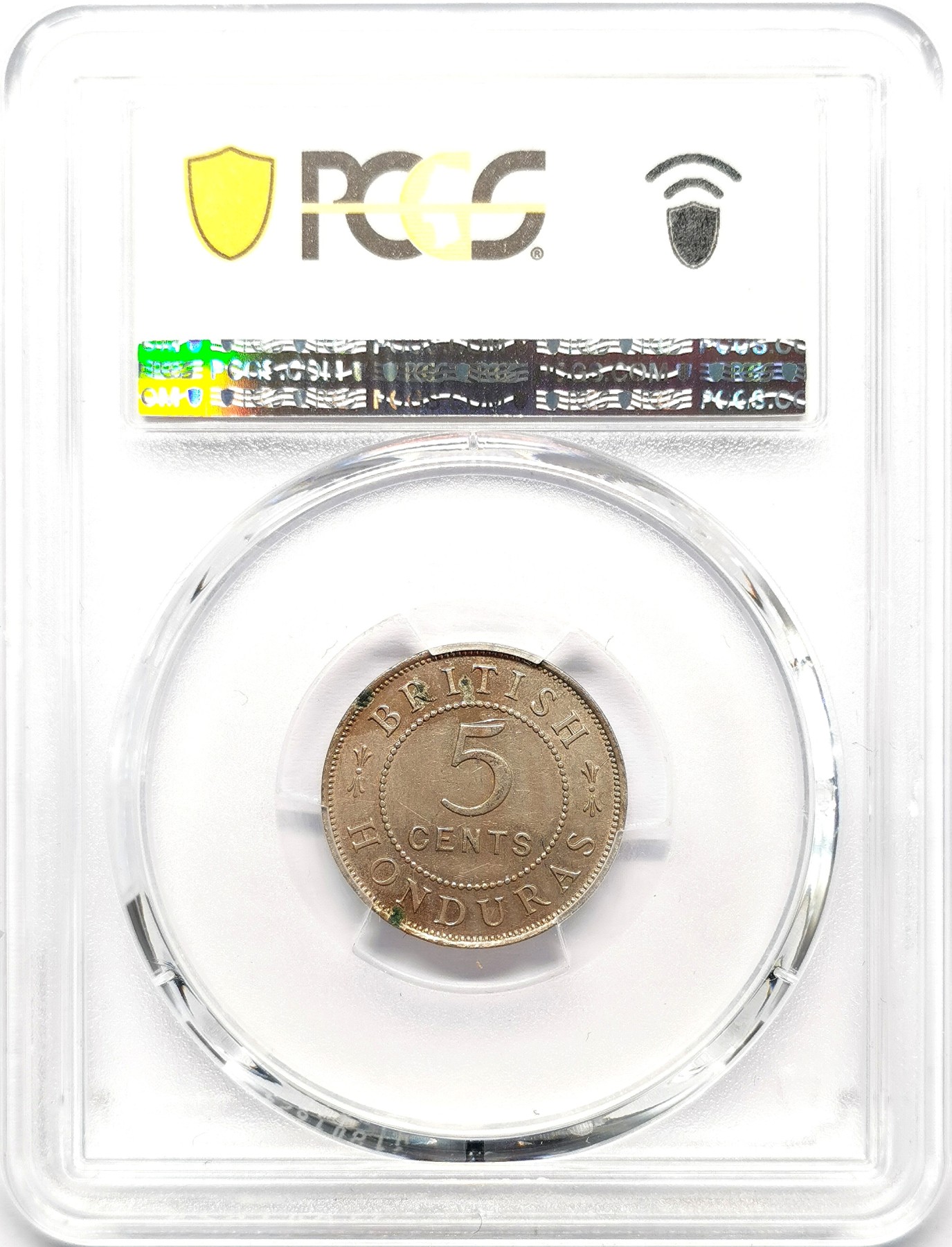凡希社世界钱币微拍第二百五十八期 1907英属洪都拉斯爱七5分PCGS-AU55，key type两年型，发行仅仅10000枚，大多腐蚀且品相差，AU高品已属罕见，HA两年前一枚P62得价12000RMB