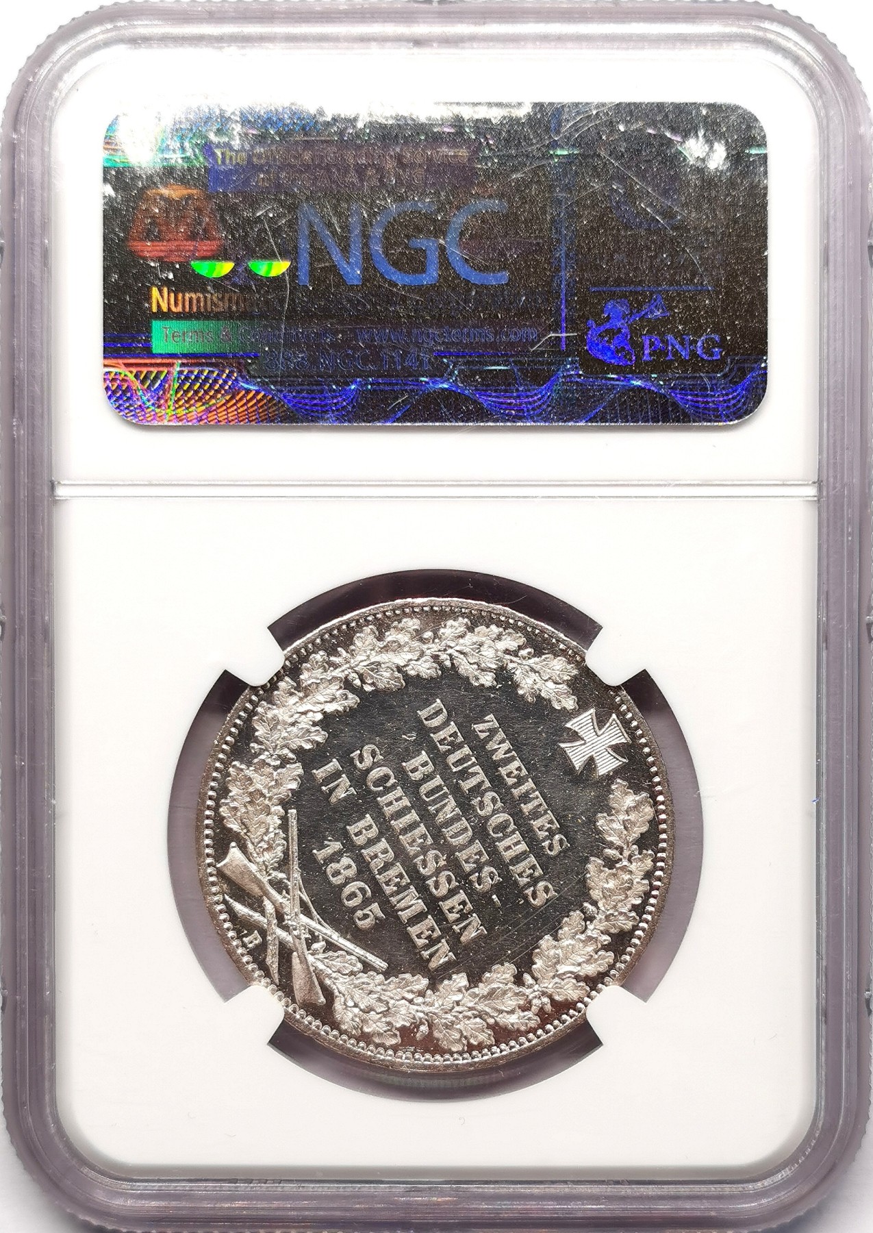 凡希社世界钱币微拍第二百五十八期 荐！1865不来梅射击节泰勒精铸NGC-PF65CAMEO，深度镜面，强烈的视觉冲击感，必定是德系藏家爱不释手的一枚！