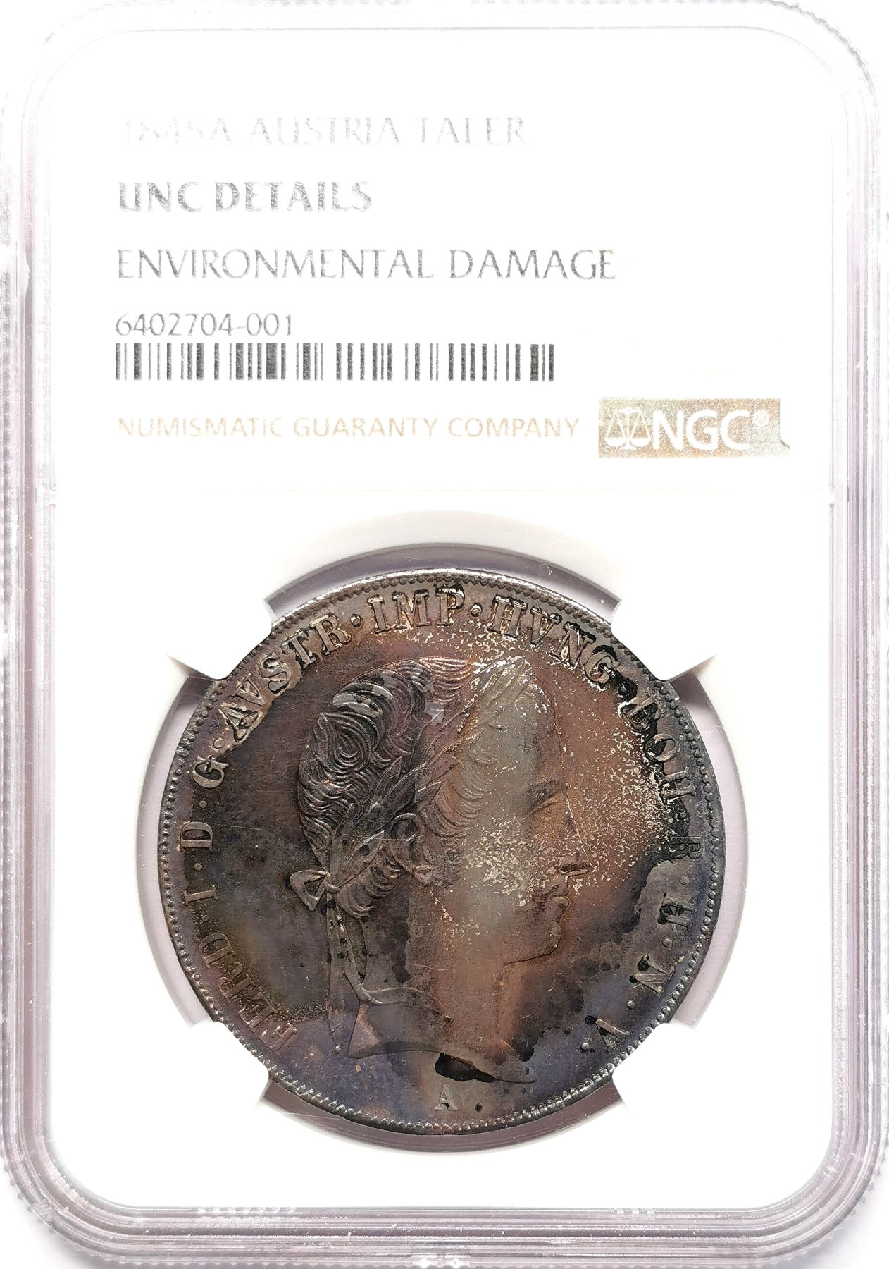 凡希社世界钱币微拍第二百五十八期 1845奥地利帝国斐迪南一世泰勒大银NGC-UNCD，细节极其锐利，可能由于保存不当造成表面氧化不均匀。