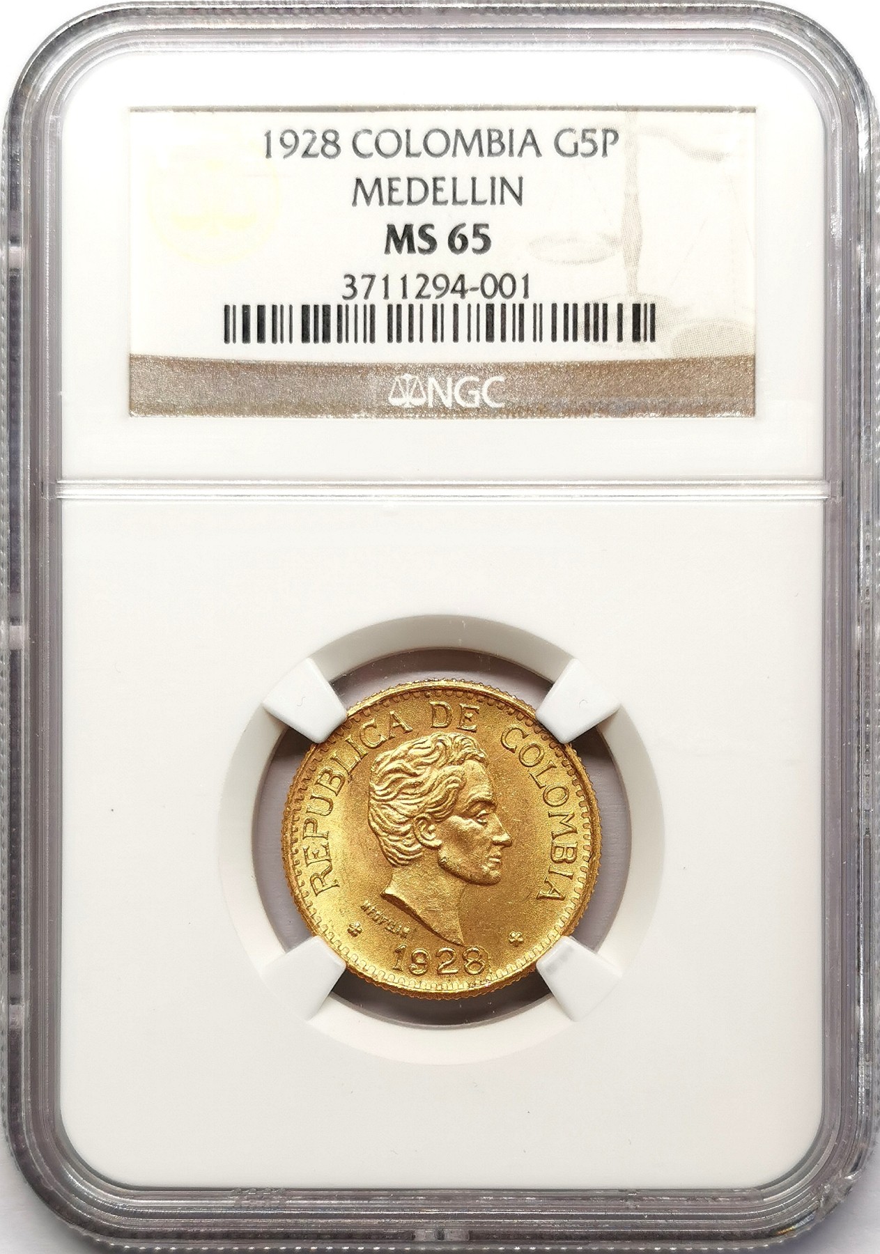 凡希社世界钱币微拍第二百五十八期 1928哥伦比亚5比索金币NGC-MS65 7.988g，917金