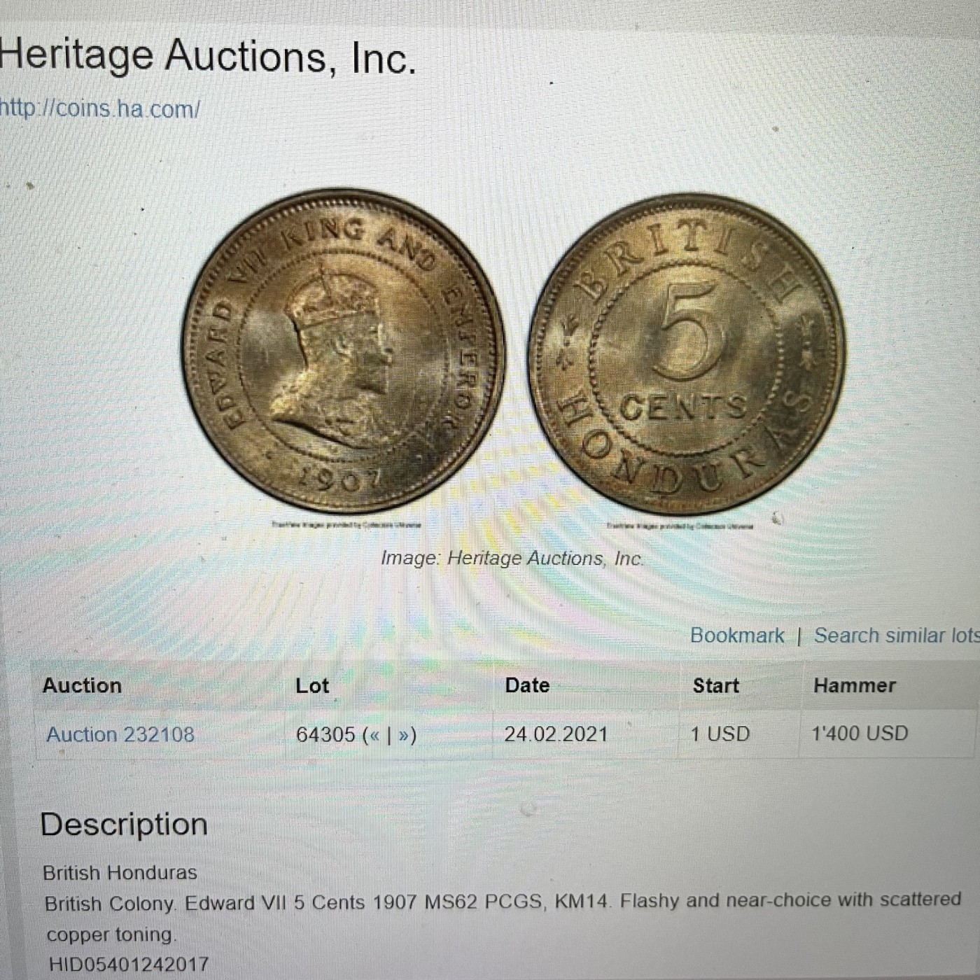 凡希社世界钱币微拍第二百五十八期 1907英属洪都拉斯爱七5分PCGS-AU55，key type两年型，发行仅仅10000枚，大多腐蚀且品相差，AU高品已属罕见，HA两年前一枚P62得价12000RMB