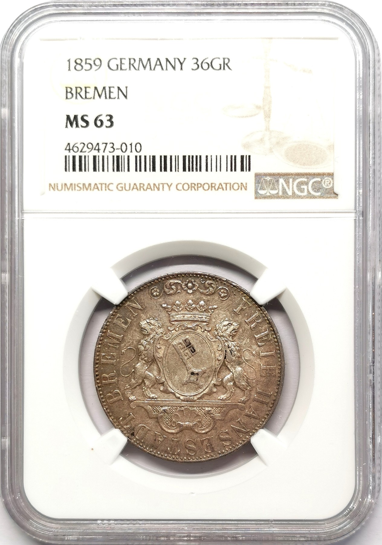 凡希社世界钱币微拍第二百五十八期 1859汉萨自由市不来梅32GR（1/2泰勒）NGC-MS63 旧版盾徽关门年份，书价比新版高，包浆出色。
