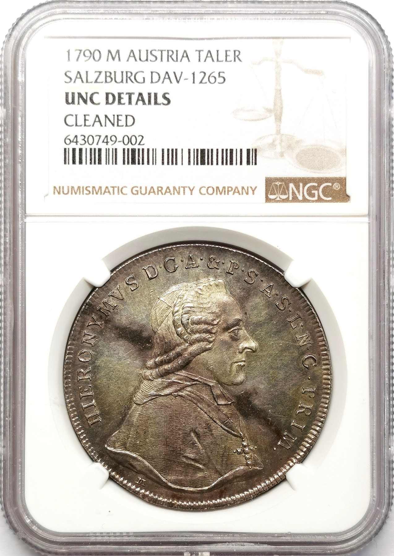 凡希社世界钱币微拍第二百五十八期 1790萨尔茨堡希罗尼穆斯亲王大主教泰勒大银NGC-UNCD，细节完全是未流通品相！
