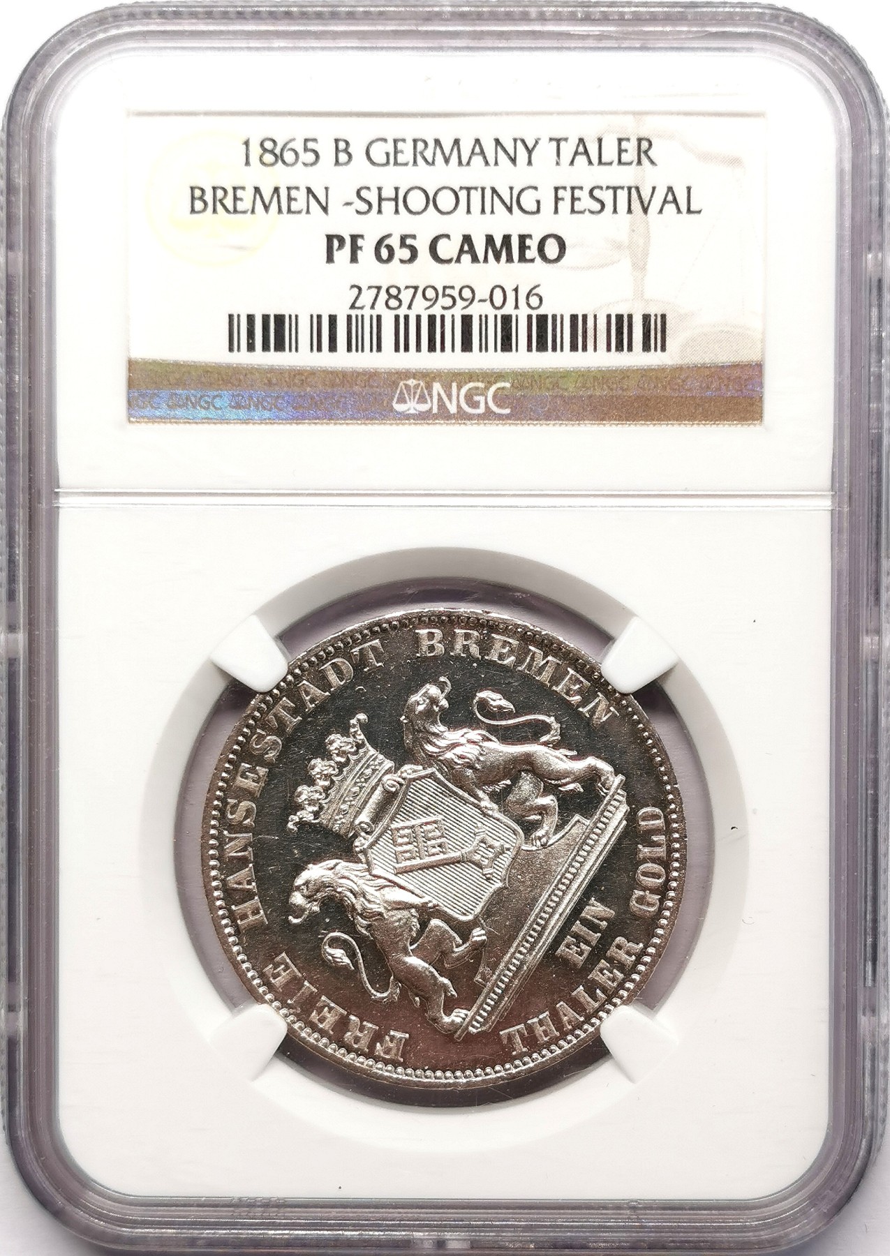 凡希社世界钱币微拍第二百五十八期 荐！1865不来梅射击节泰勒精铸NGC-PF65CAMEO，深度镜面，强烈的视觉冲击感，必定是德系藏家爱不释手的一枚！