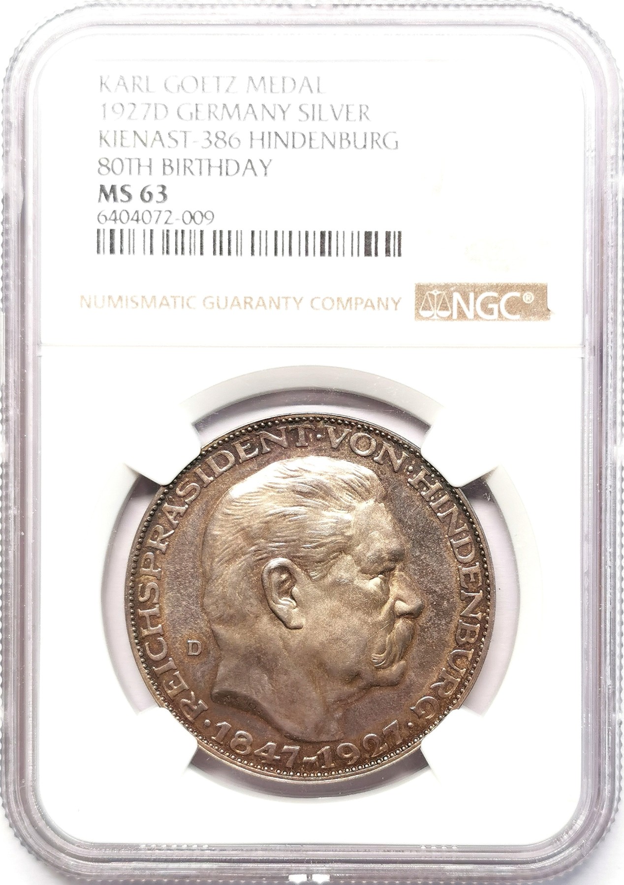 凡希社世界钱币微拍第二百五十八期 1927德国兴登堡80大寿5马克币章NGC-MS63