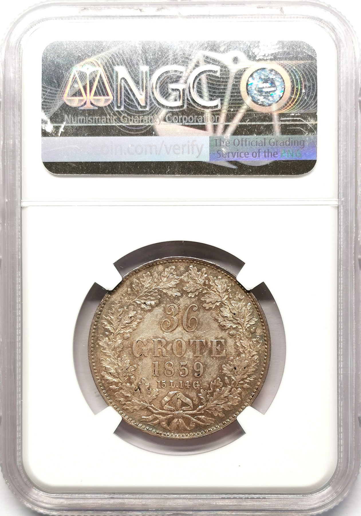 凡希社世界钱币微拍第二百五十八期 1859汉萨自由市不来梅32GR（1/2泰勒）NGC-MS63 旧版盾徽关门年份，书价比新版高，包浆出色。