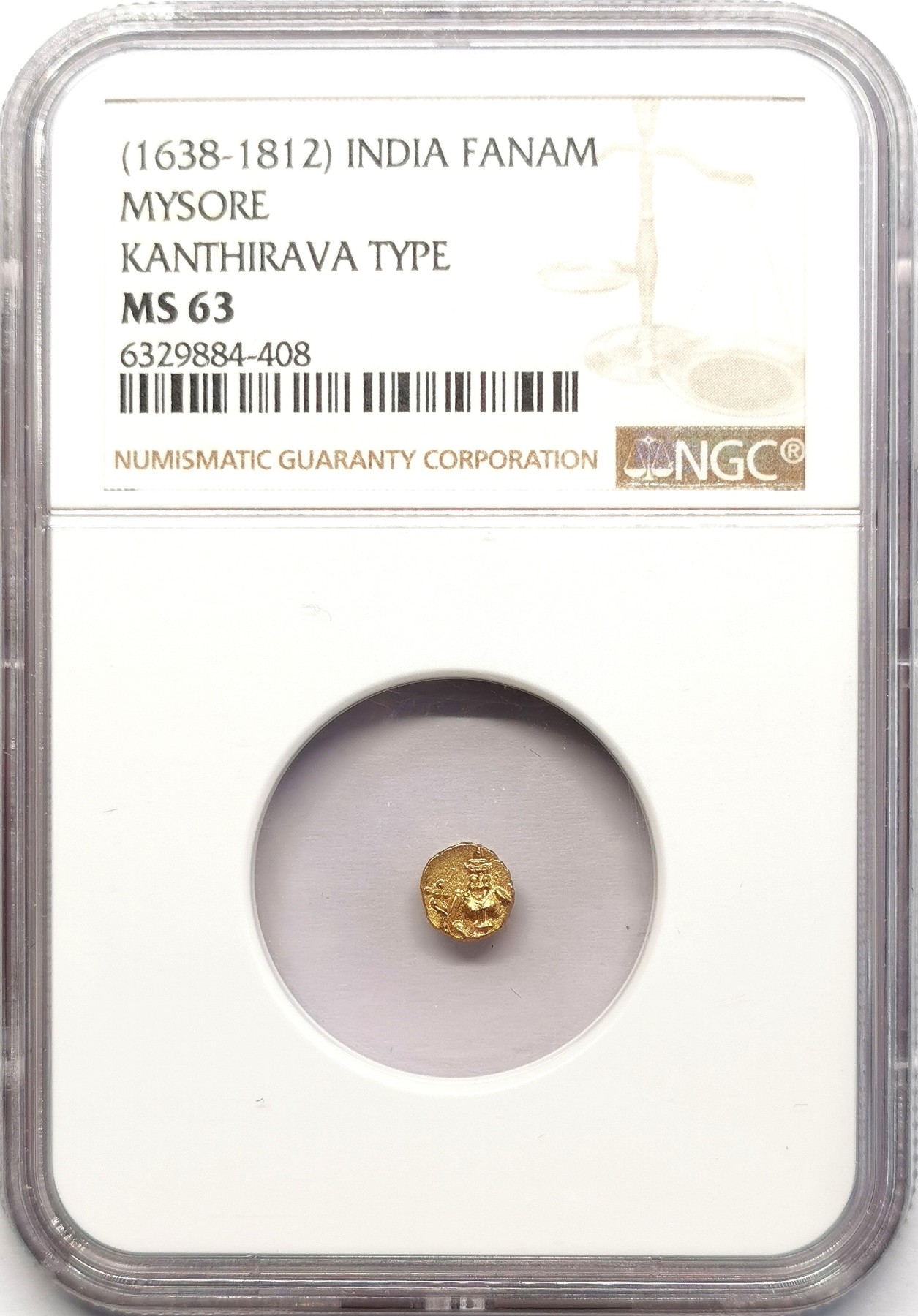 凡希社世界钱币微拍第二百五十八期 1638-1812迈索尔王国Fanam金币NGC-MS63 南印度经典货币形态，迈索尔国王Kanthirava，在抵抗贾布尔的穆斯林苏丹战争中获得重大胜利，其在位期间铸造的FANAM样式也一直保留了下来。