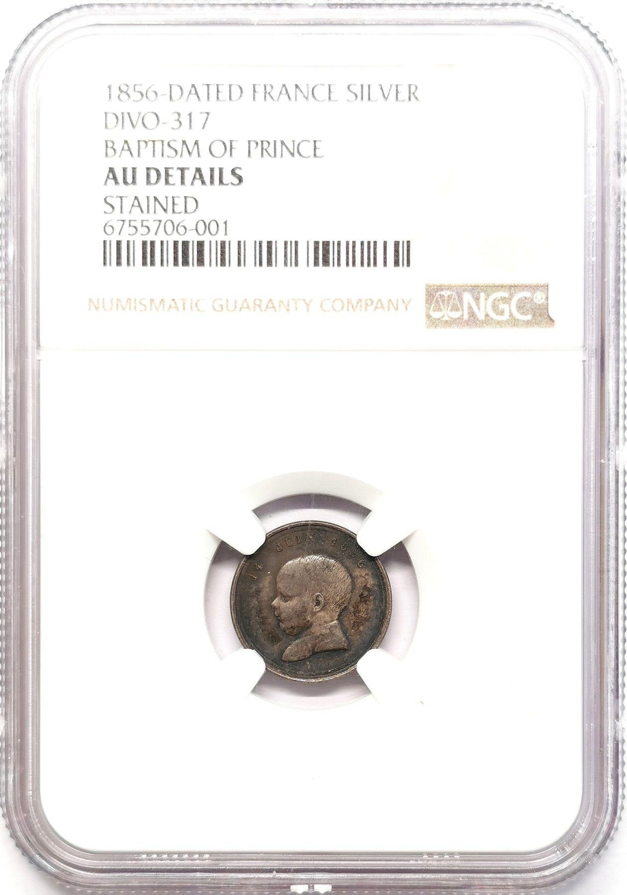 凡希社世界钱币微拍第二百五十八期 1856法国王子洗礼小银章NGC-AUD