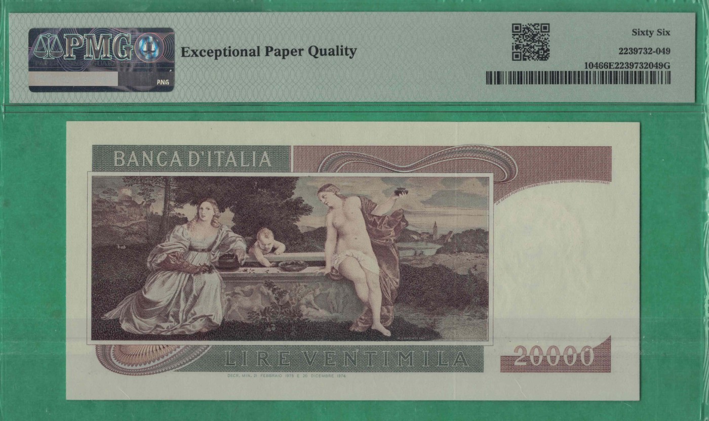 意大利1975年20000里拉 P-104 号码无347 欧洲纸币 实物图 UNC
