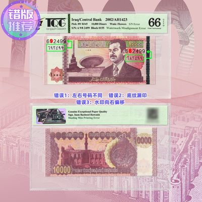 TQG66分 2002年 伊拉克10000第纳尔 纸币 错版钞-号码打错和漏印 - TQG66分 2002年 伊拉克10000第纳尔 纸币 错版钞-号码打错和漏印