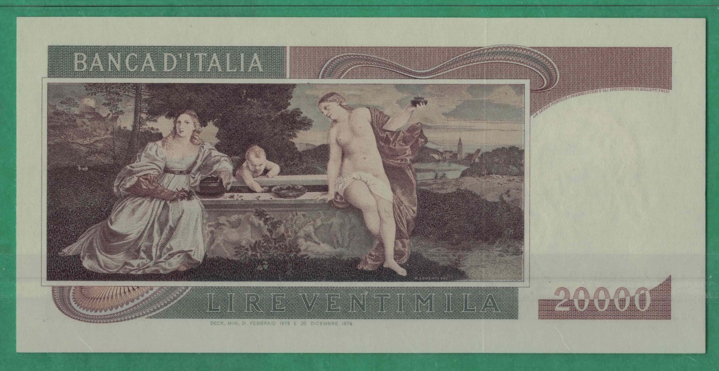 意大利1975年20000里拉 P-104 号码无347 欧洲纸币 实物图 UNC