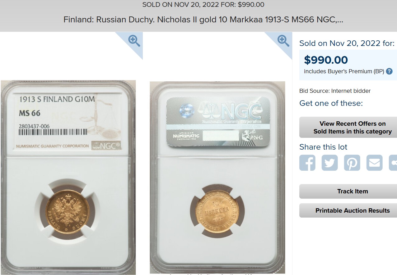 博洋堂世界钱币拍卖第060期（全场包邮） NGC MS66 俄属芬兰1913年经典双头鹰10马克金币，国内所见最高分，铸量仅39.6万枚