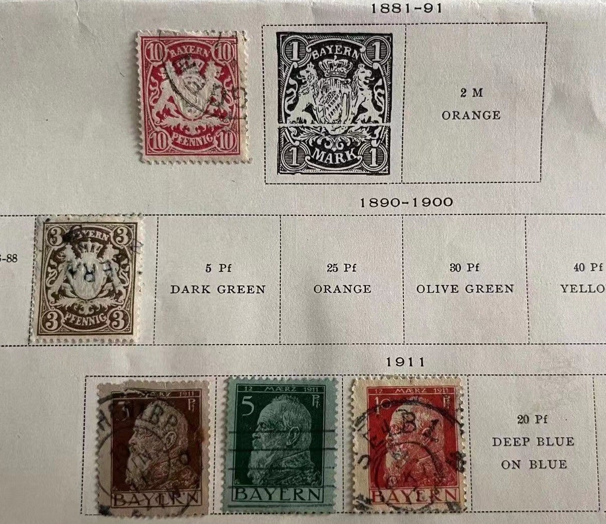 各国首次 —— 德国，巴伐利亚贴票页，2页，含第一套邮票，1849-1911年，共21枚销票   （店内编号27）