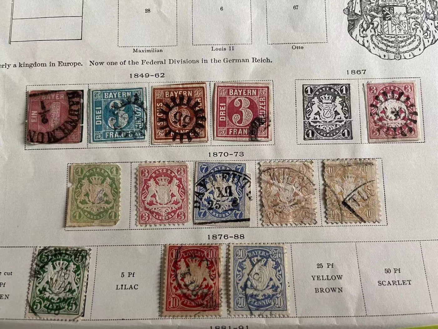 各国首次 —— 德国，巴伐利亚贴票页，2页，含第一套邮票，1849-1911年，共21枚销票   （店内编号27）