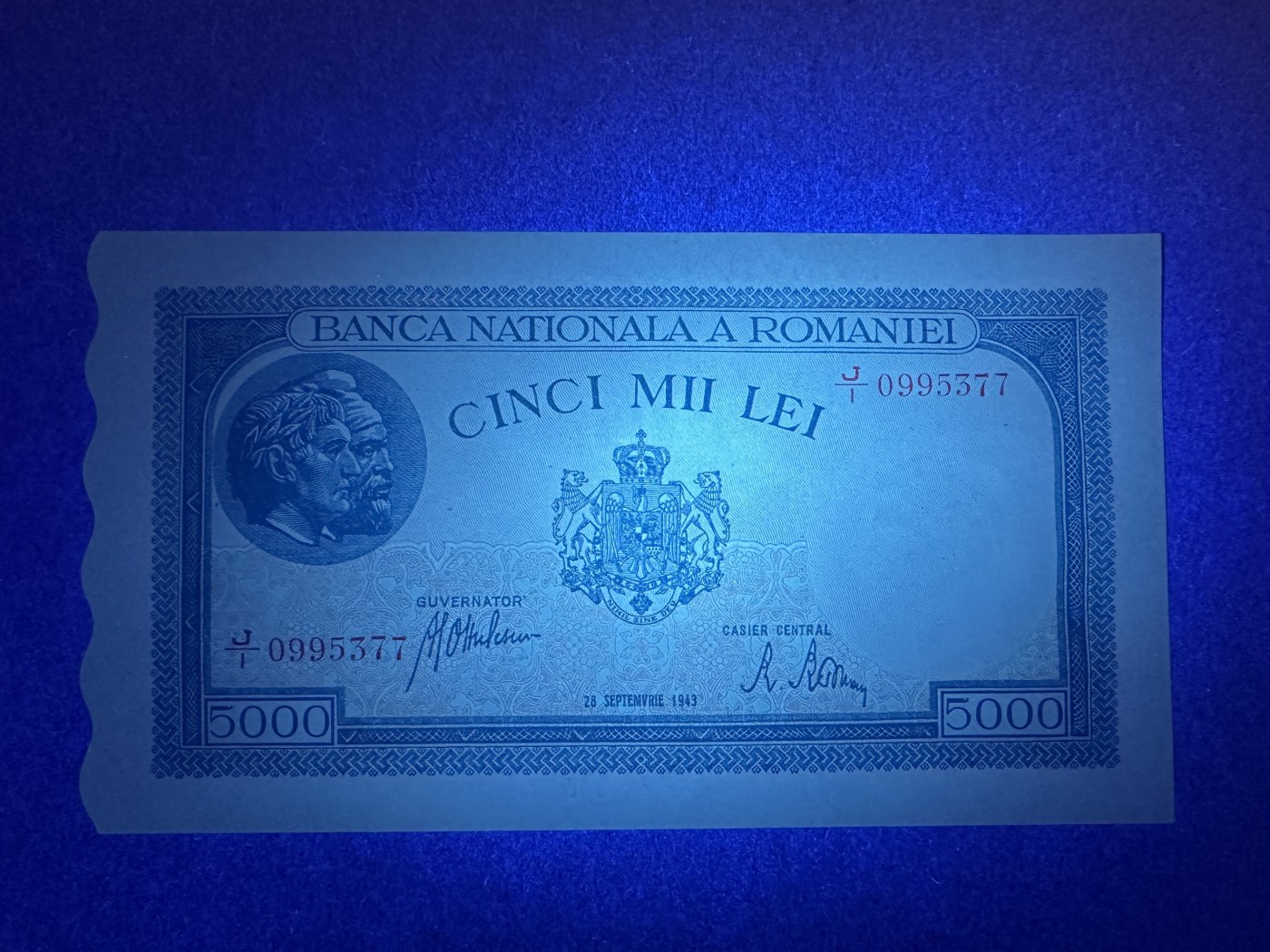 《张总收藏》134期-外币精品畅拍 罗马尼亚5000列伊 UNC 1943年版 少见异形纸币