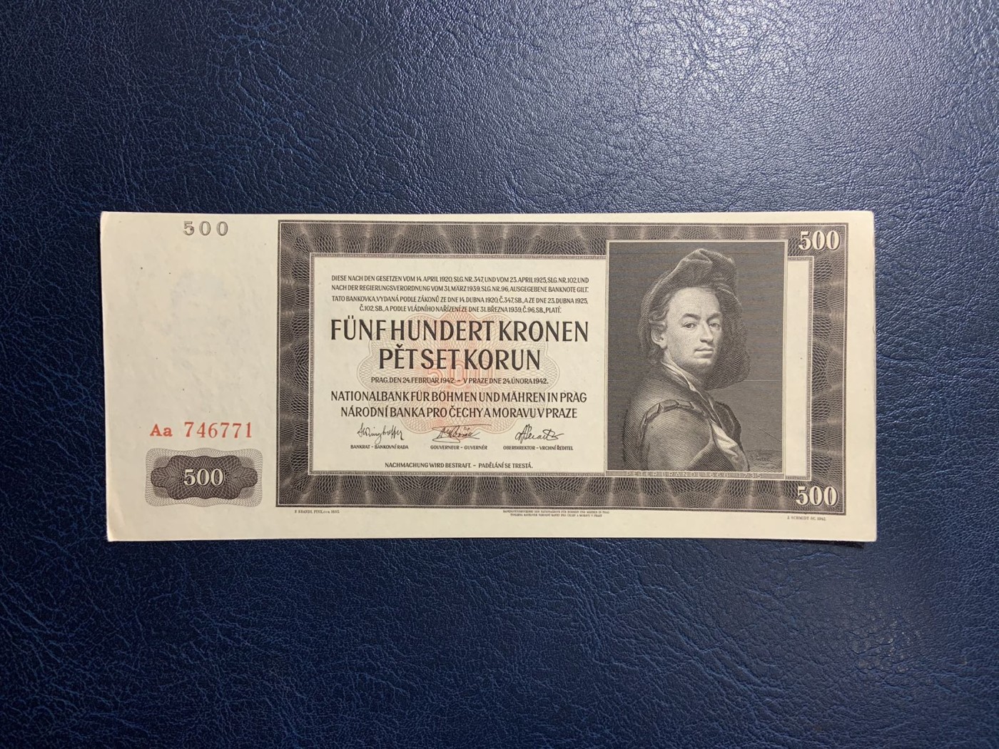 收藏联盟Quantum Auction 第318期拍卖  波西米亚和摩拉维亚1942年500克朗 品相UNC- 实票 Aa冠号码无4
