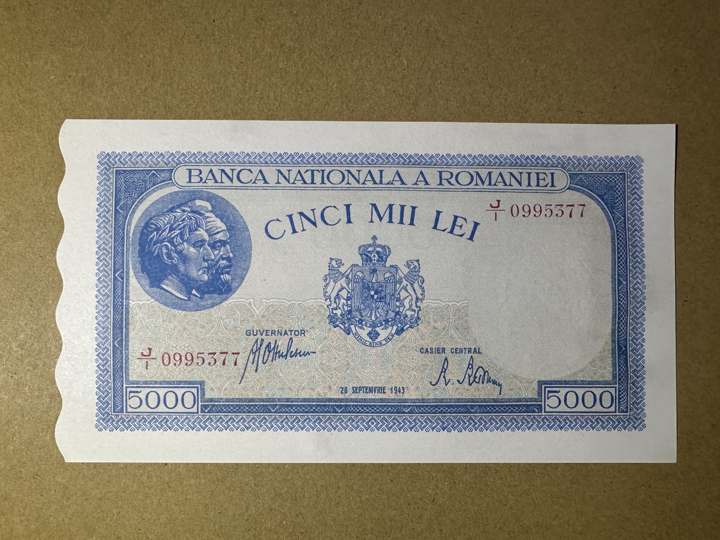《张总收藏》134期-外币精品畅拍 罗马尼亚5000列伊 UNC 1943年版 少见异形纸币