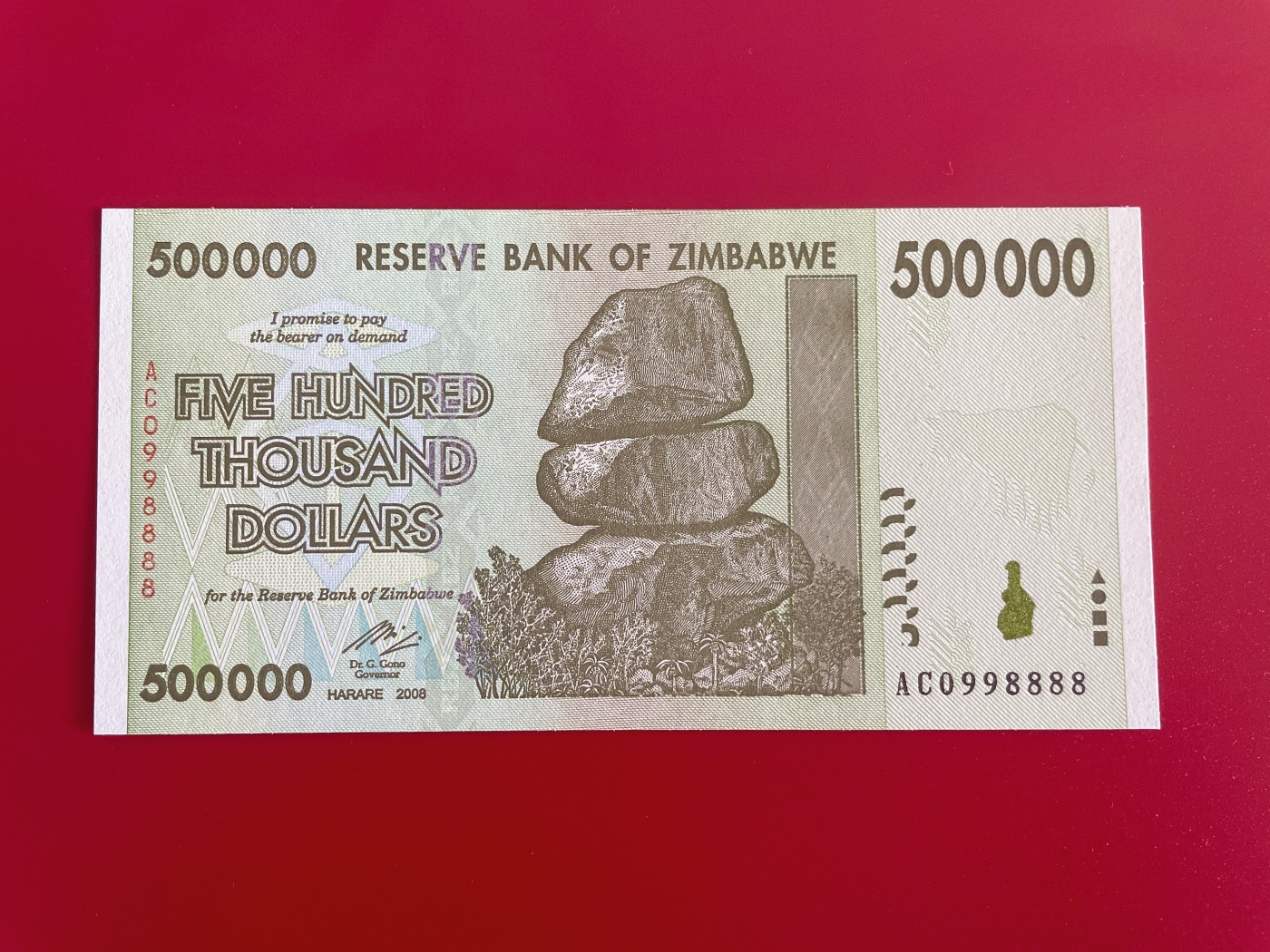 世界各国纸币、塑料钞、连体钞、豹子号、靓号专场 【第2期】 2008年 津巴布韦纸币 500000 元 狮子号号 AC0998888 全新UNC