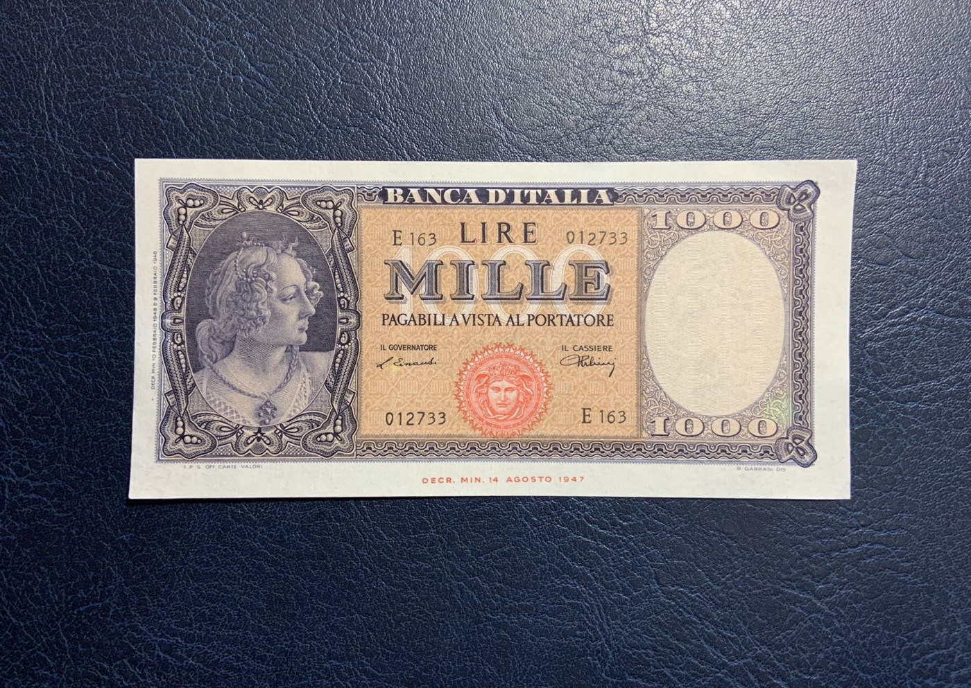 收藏联盟Quantum Auction 第318期拍卖  意大利1948年1000里拉 品相UNC-  取材波提切利名画