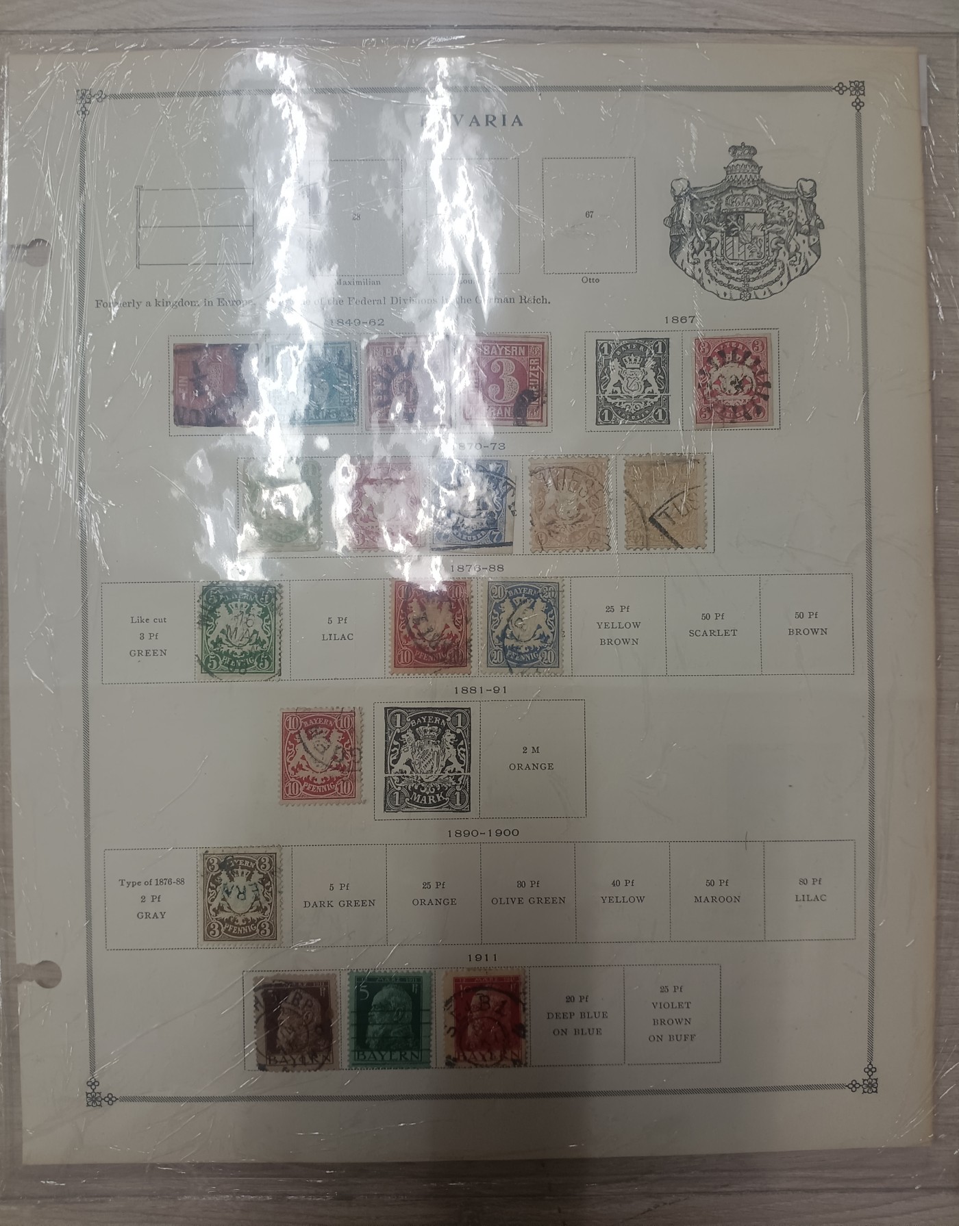 各国首次 —— 德国，巴伐利亚贴票页，2页，含第一套邮票，1849-1911年，共21枚销票   （店内编号27）