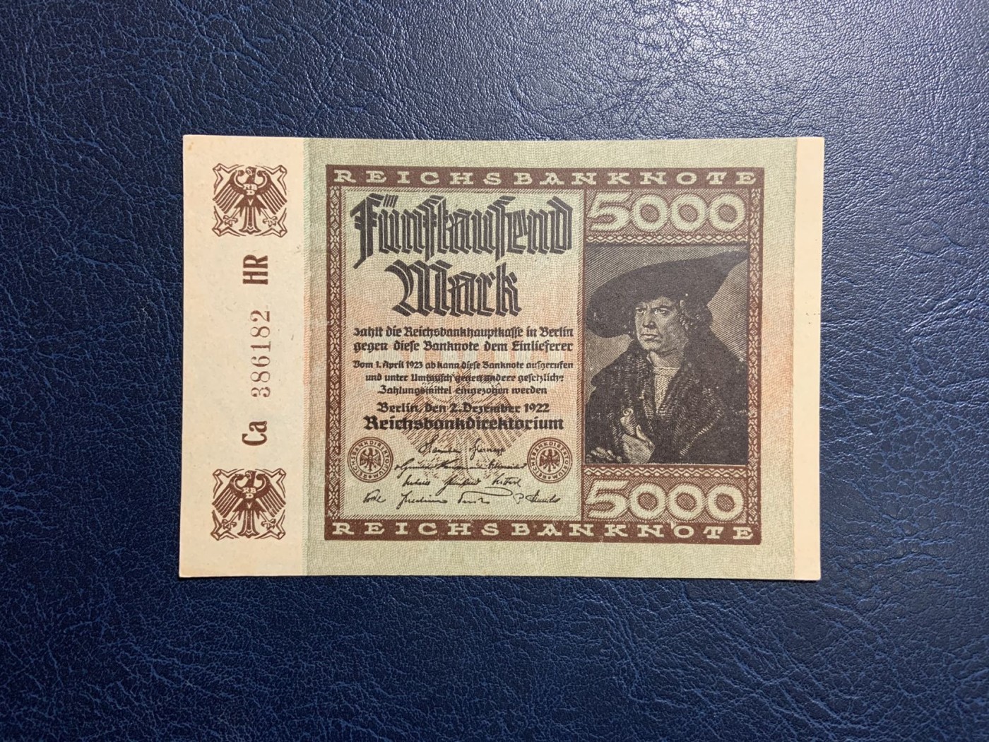 收藏联盟Quantum Auction 第318期拍卖  德国1922年5000马克 品相UNC 边角有瑕疵 丢勒名画