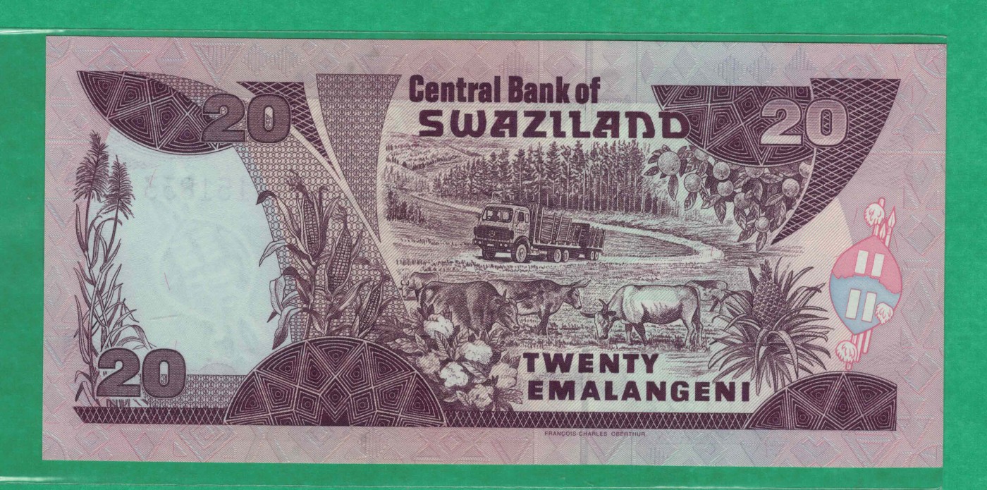斯威士兰1995年20里兰吉尼 该版首年份 无47 双尾33 非洲纸币 实物图 UNC