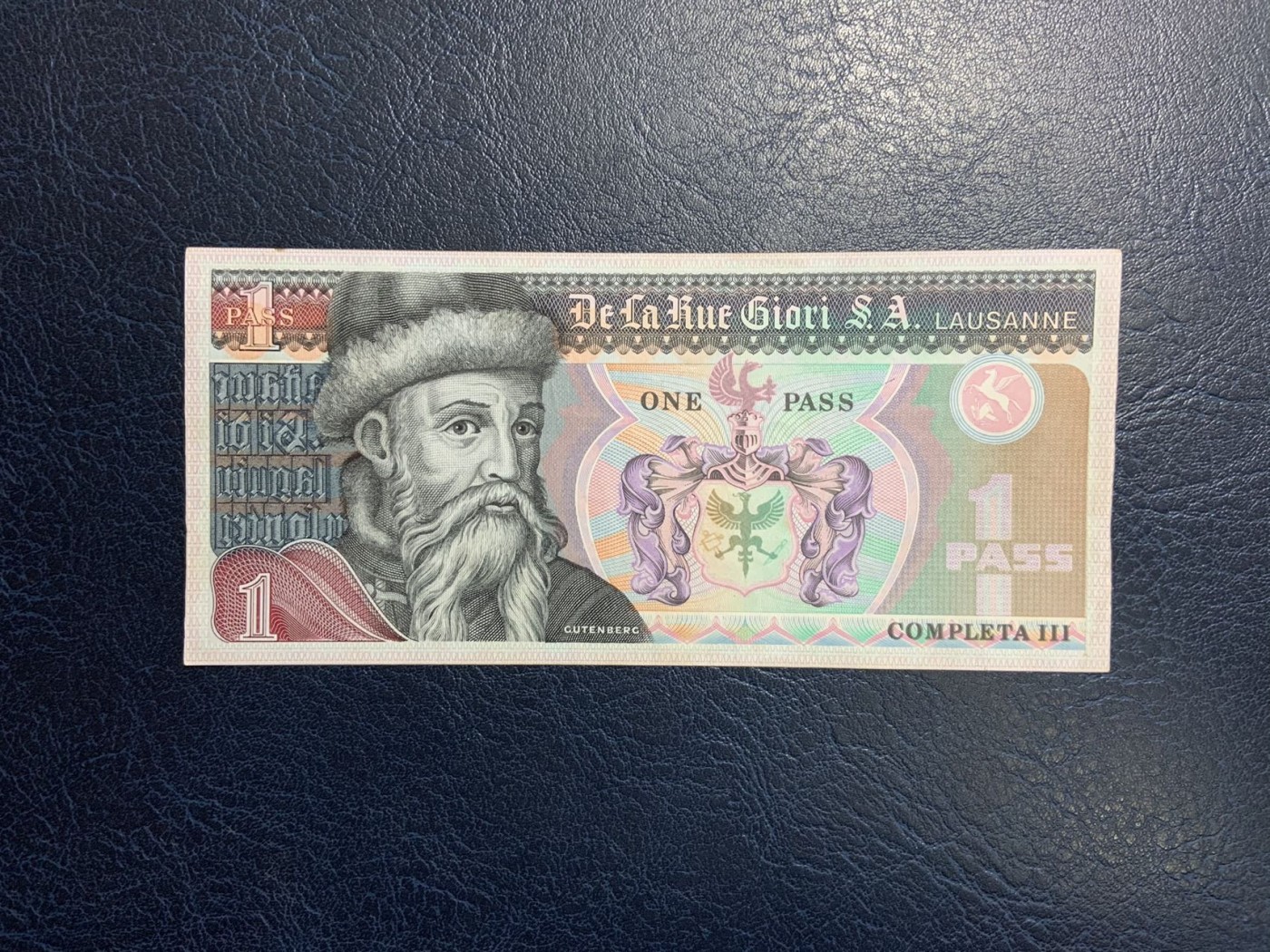 收藏联盟Quantum Auction 第318期拍卖  英国德纳罗公司古滕堡测试钞1帕斯 品相AU 双面雕刻