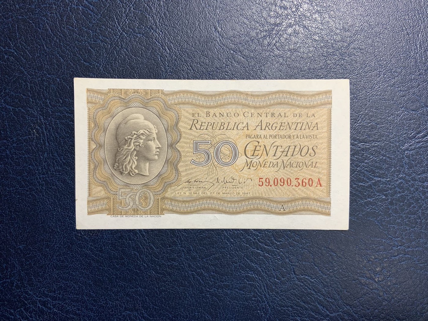 收藏联盟Quantum Auction 第318期拍卖  阿根廷1947年50分 品相UNC-   A序列 全程无4