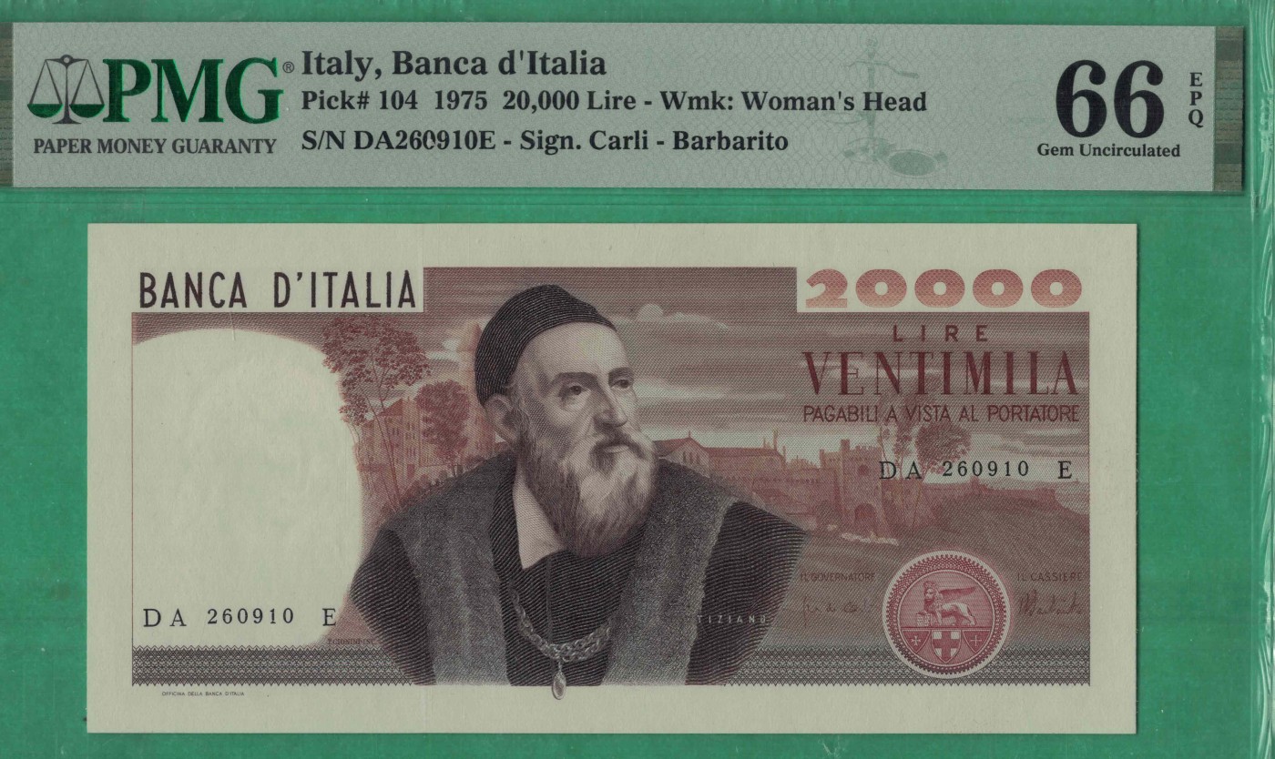 意大利1975年20000里拉 P-104 号码无347 欧洲纸币 实物图 UNC