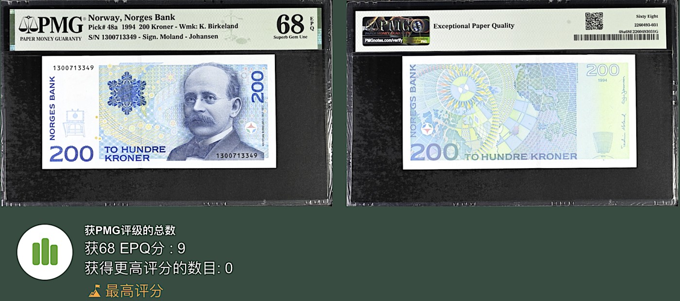 《张总收藏》134期-外币精品畅拍 挪威200克朗 PMG68E 1994年初版首发年 冠军分