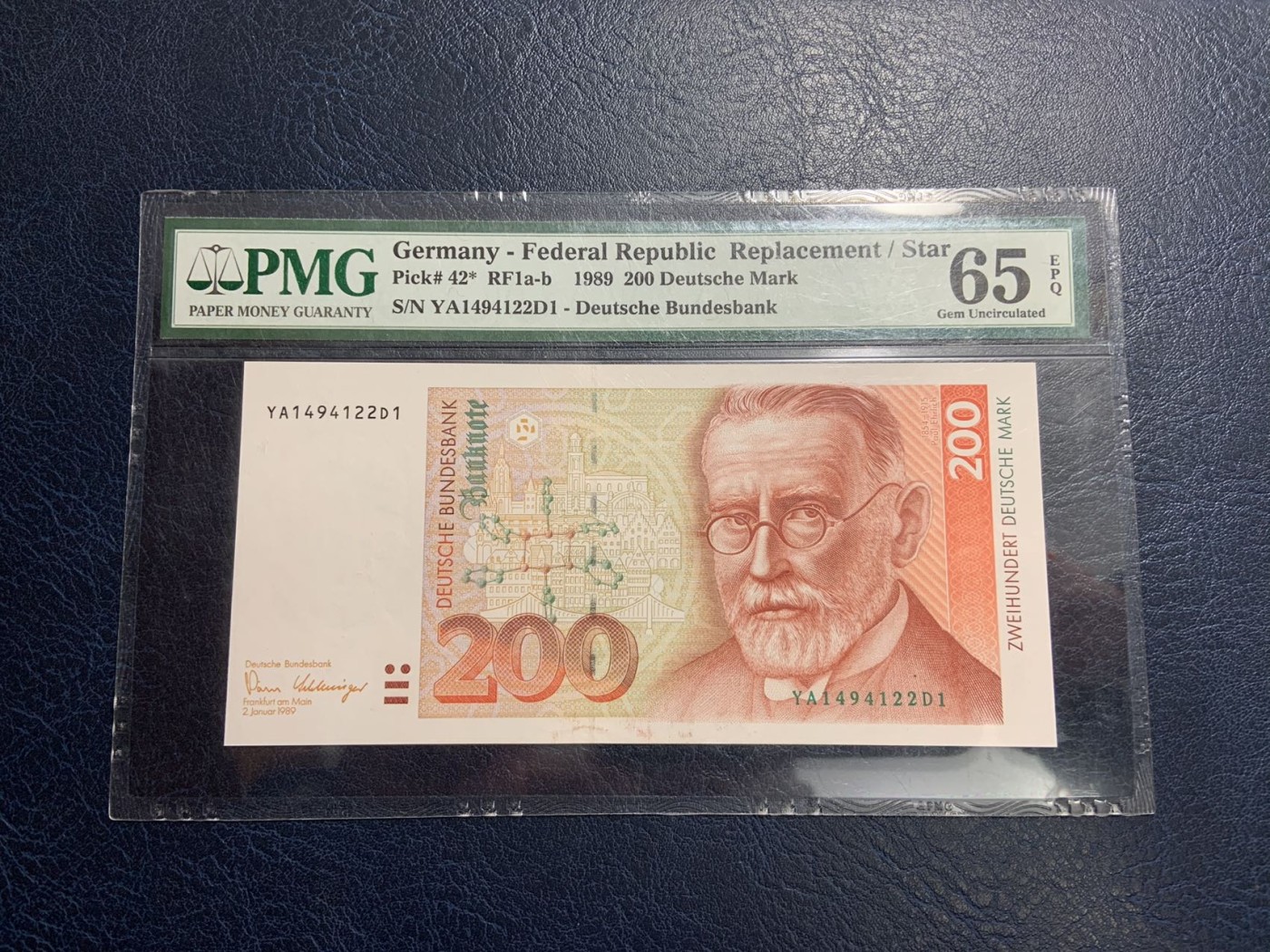 收藏联盟Quantum Auction 第318期拍卖  德国联邦1989年200马克 PMG65 补号 诺贝尔医学奖得主 埃尔利希