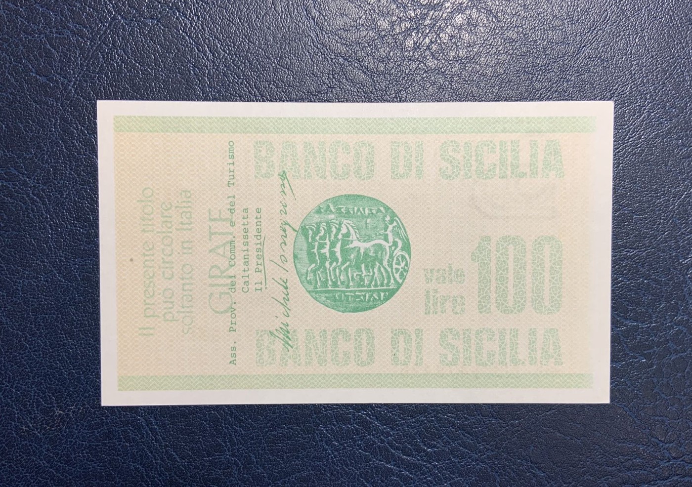 收藏联盟Quantum Auction 第319期拍卖  意大利西西里岛1977年100里拉紧急币 品相UNC 角有瑕疵