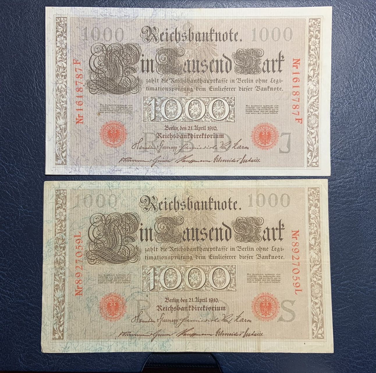 收藏联盟Quantum Auction 第319期拍卖  德国1910年1000马克两张 非全新 品相如图 斜布纹纸