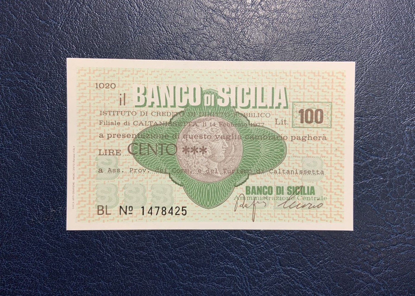 收藏联盟Quantum Auction 第319期拍卖  意大利西西里岛1977年100里拉紧急币 品相UNC 角有瑕疵