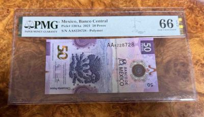 墨西哥50塑料钞 2021比索，PMG66，AA首发尾8  世界最佳纸币！ - 墨西哥50塑料钞 2021比索，PMG66，AA首发尾8  世界最佳纸币！