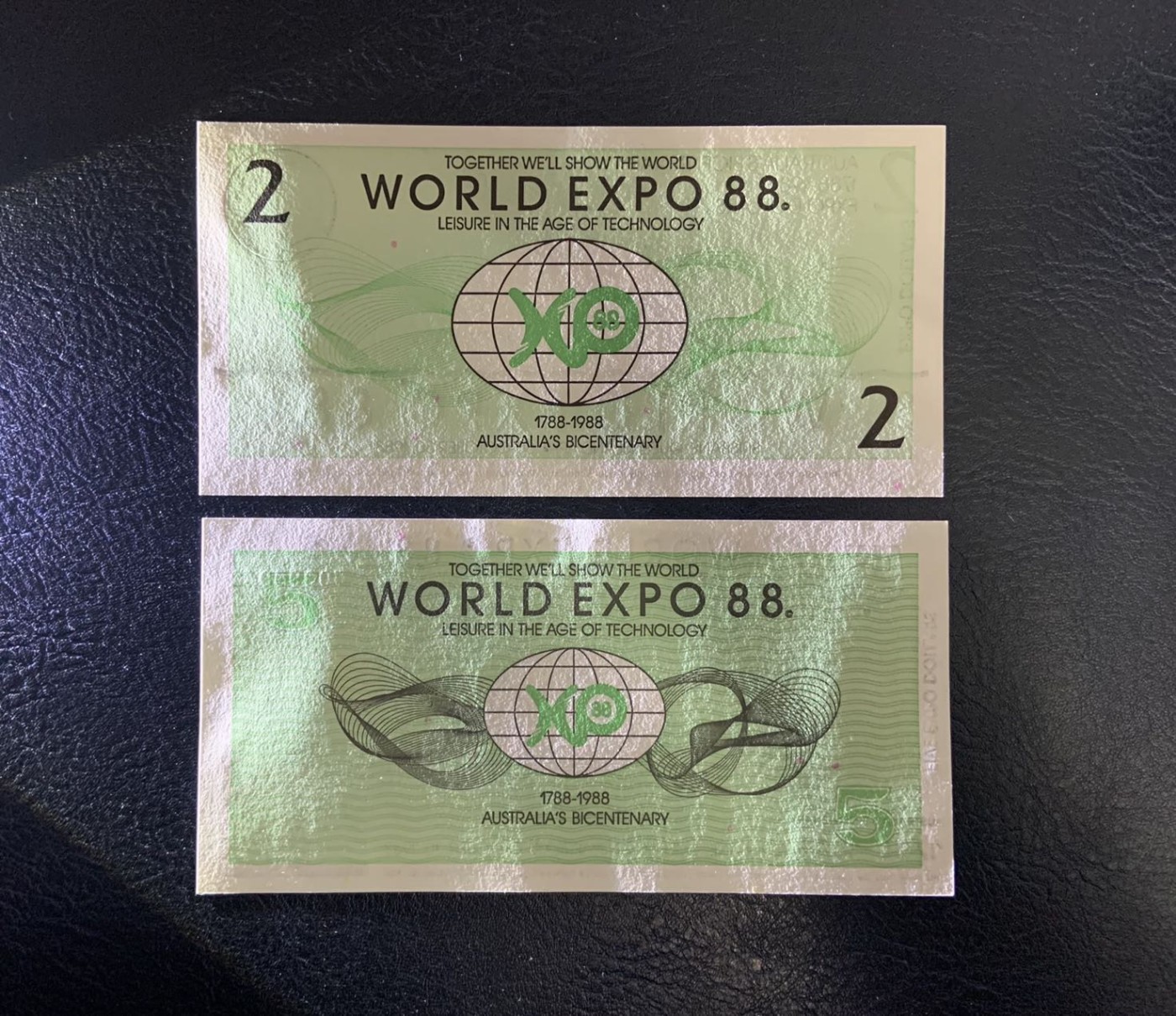 收藏联盟Quantum Auction 第319期拍卖  澳大利亚1988布里斯班世博会2和5元代金券 品相UNC 正面雕刻