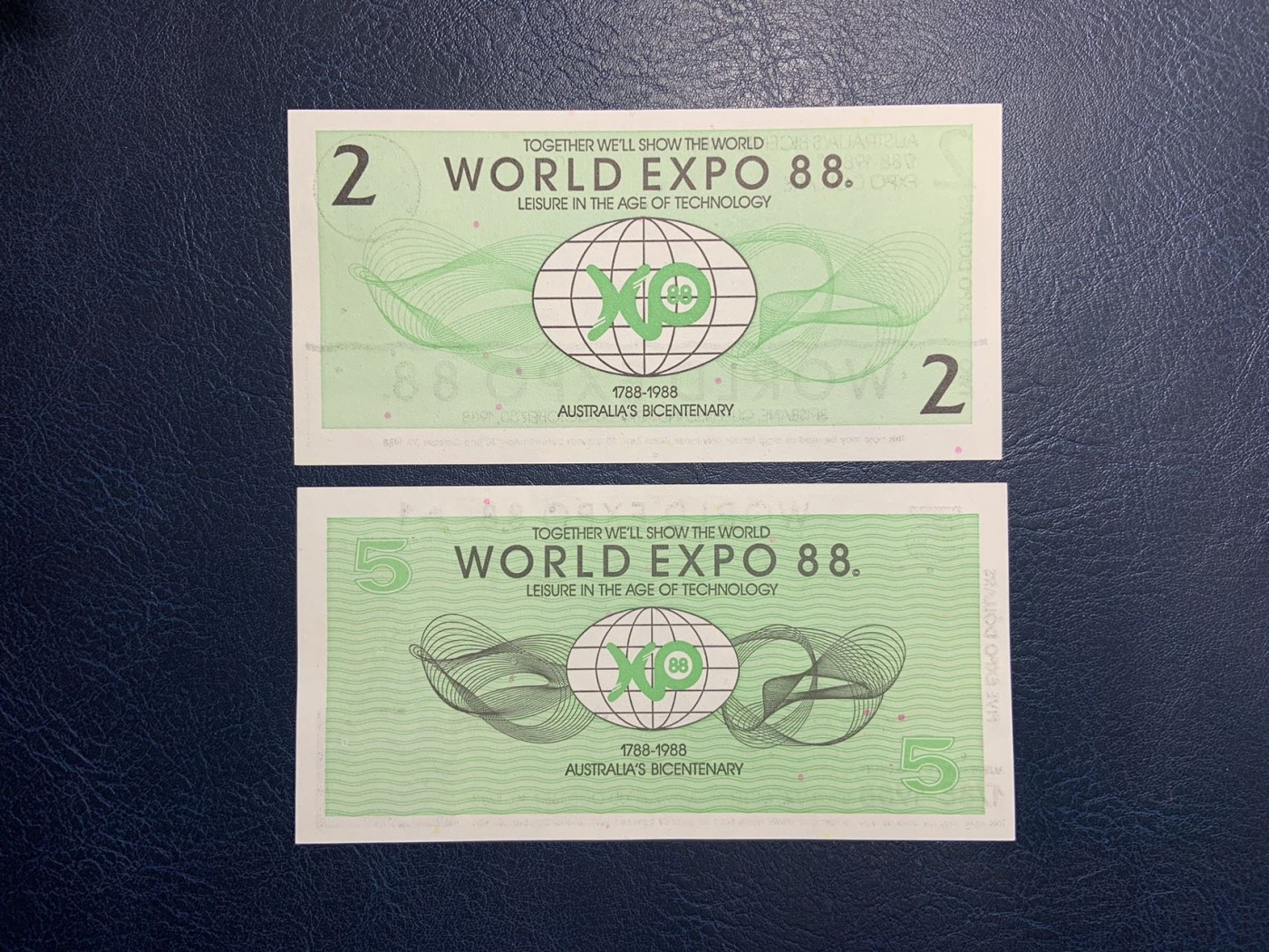 收藏联盟Quantum Auction 第319期拍卖  澳大利亚1988布里斯班世博会2和5元代金券 品相UNC 正面雕刻
