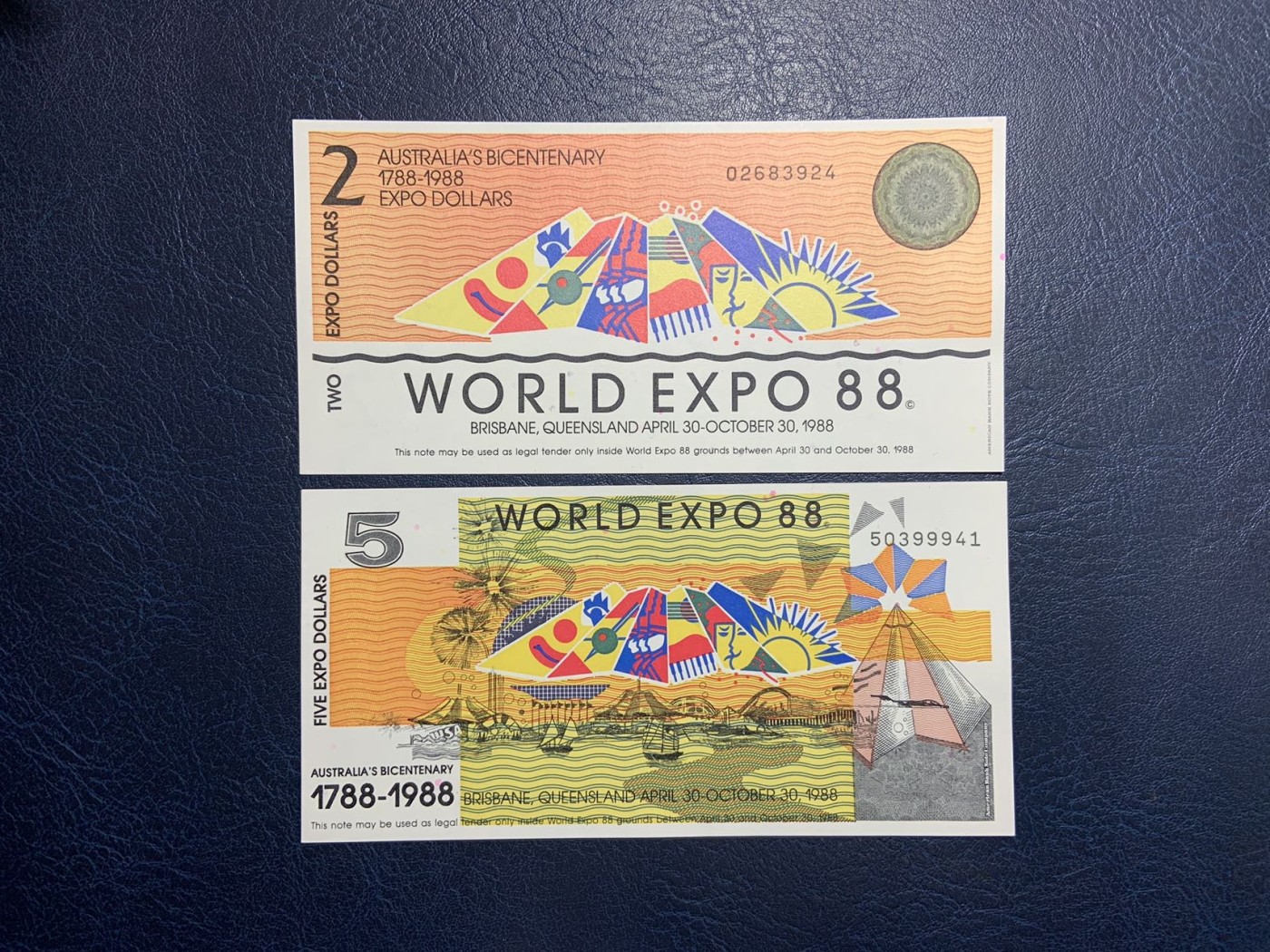 收藏联盟Quantum Auction 第319期拍卖  澳大利亚1988布里斯班世博会2和5元代金券 品相UNC 正面雕刻